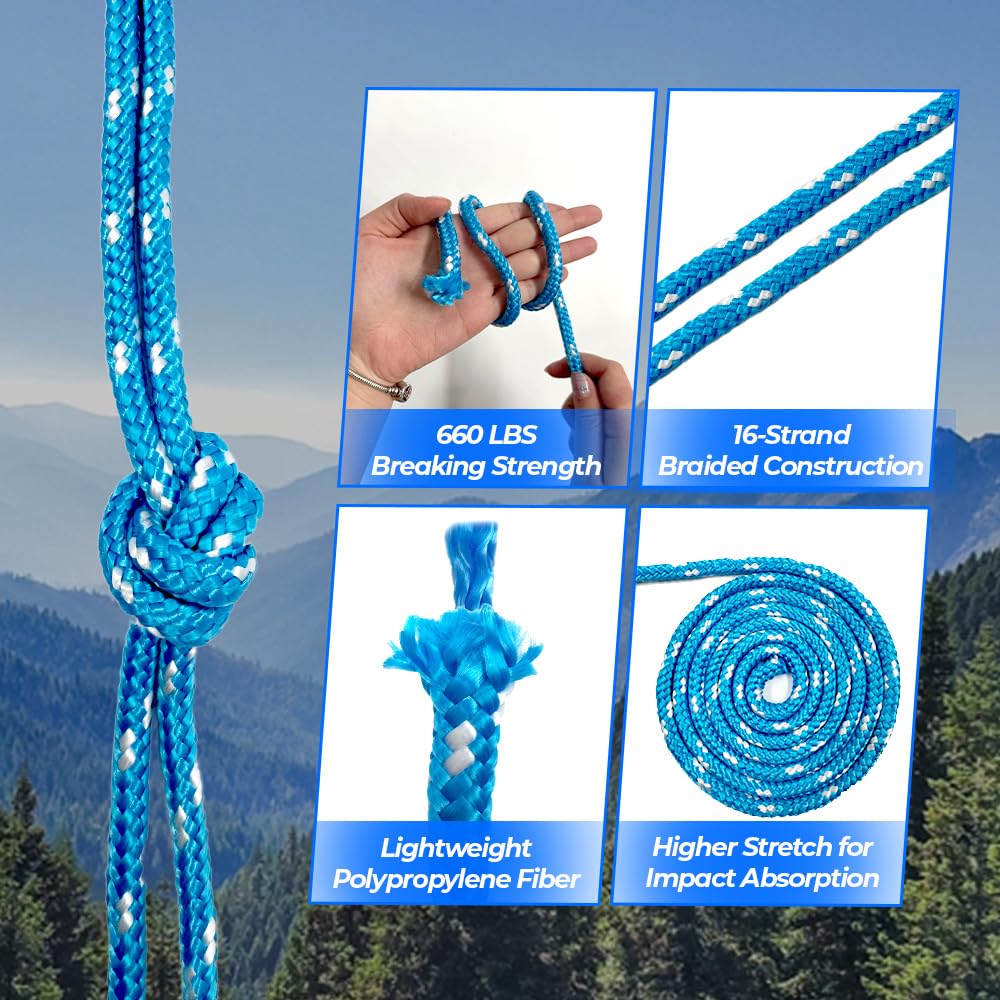 Diamond Braided Polypropylene Rope, 16-Strand Lightweight Floating Utility Rope for Camping, Marine, Flag Pole, Indoor and Outdoor Use (Blue/White, 1/4in X 35FT)