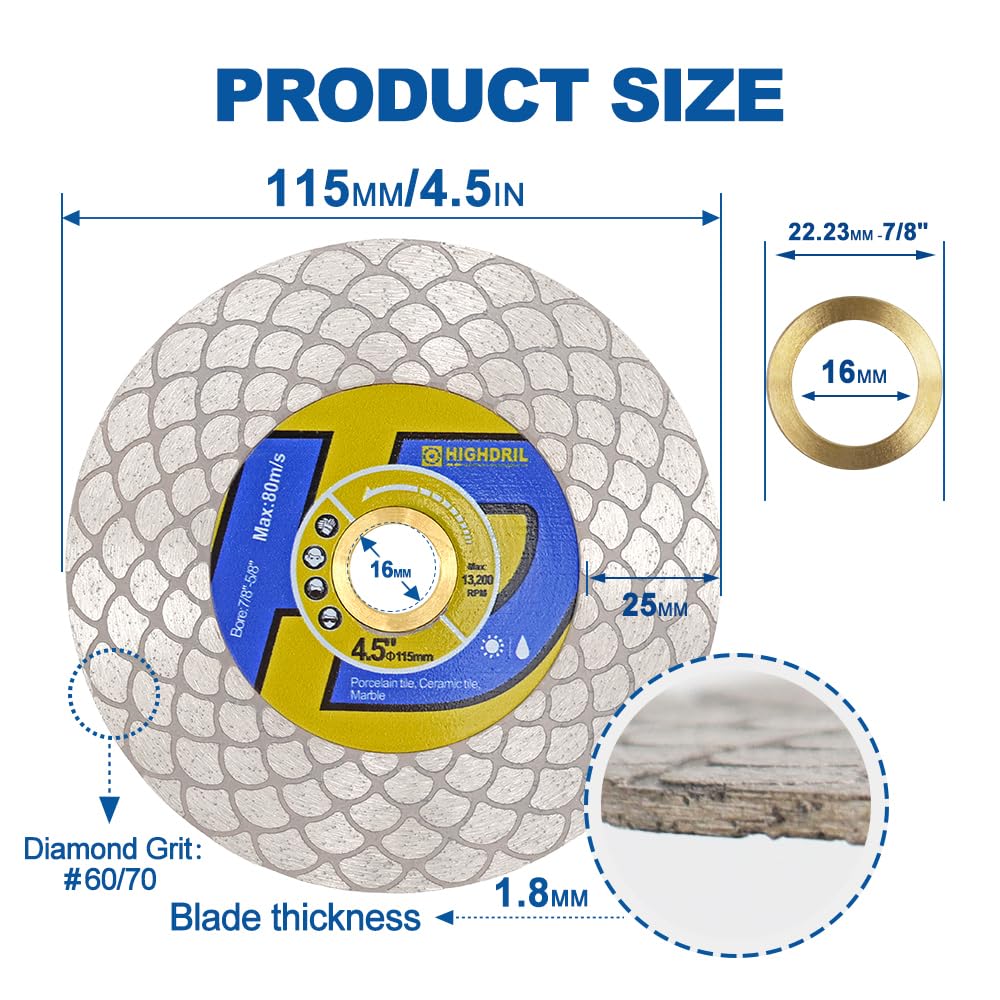HIGHDRIL Diamond Drill Bits Kit with 5/8-11 and HIGHDRIL Diamond Tile Saw Blade - 4-1/2 Inch/115mm