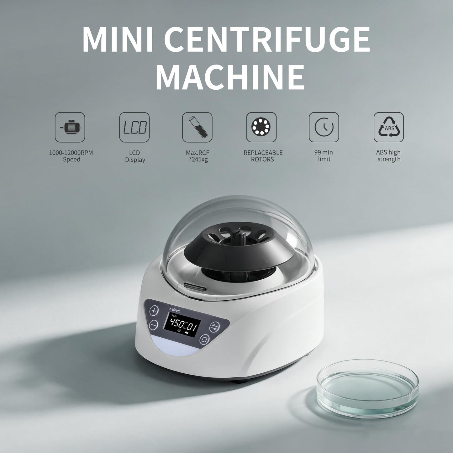 LACHOI Lab Mini Centrifuge Machine LCD Display 100-120000RPM Speed Control 1-99min Timer Max 7245×g RCF Lab Benchtop Centrifuge with 2 Rotors for 8 x 0.2/0.5/1.5/2.0ml & 2×8×0.2mL Strips,100-240V