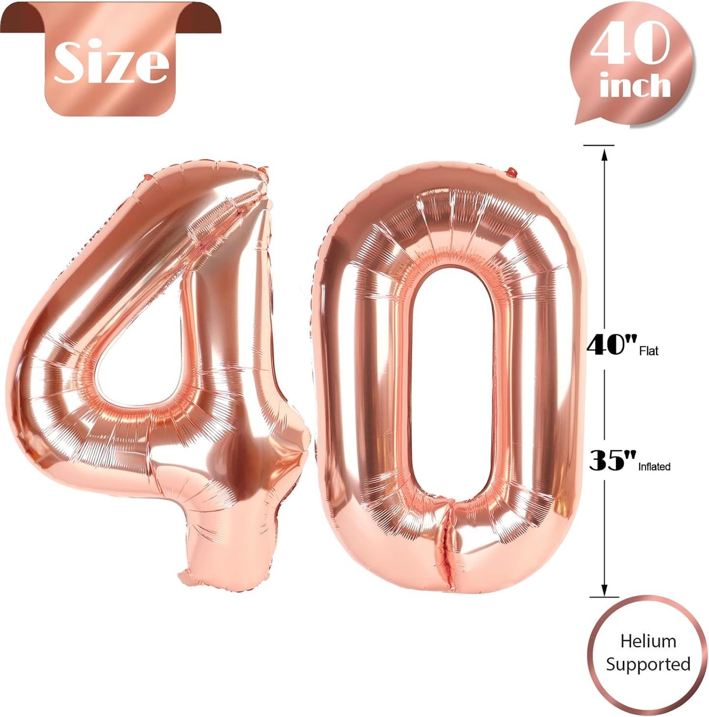Rose Gold Number 40 Balloon - 40 Inch 40th Birthday Decoration for Men & Women