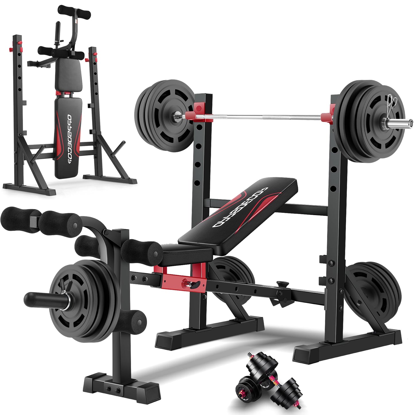OPPSDECOR 900LBS Weight Bench Set with Squat Rack Foldable Bench Press Set with Leg Extension & Leg Curl Professional Flat/Incline/Decline Workout Bench for Home Gym Full Body Exercise