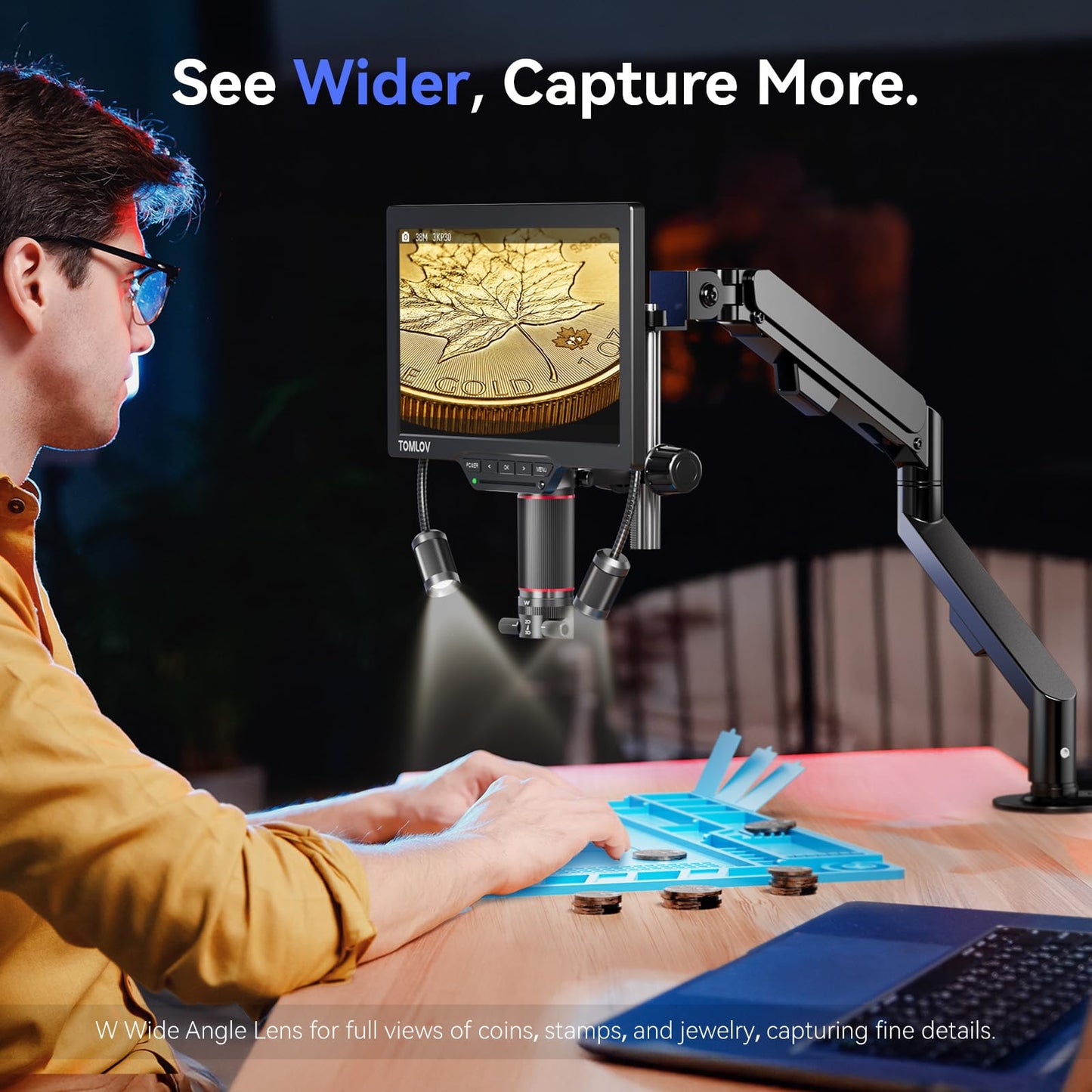 TOMLOV 3D Digital Microscope for Soldering: Magnetic Dual Lens Micro Scope TM3K-3D for Adult, Coin Microscope with Flex Arm, 3K 7-Inch IPS Screen, HDMI/USB Output, Gooseneck Light, Repair Mat, 16GB