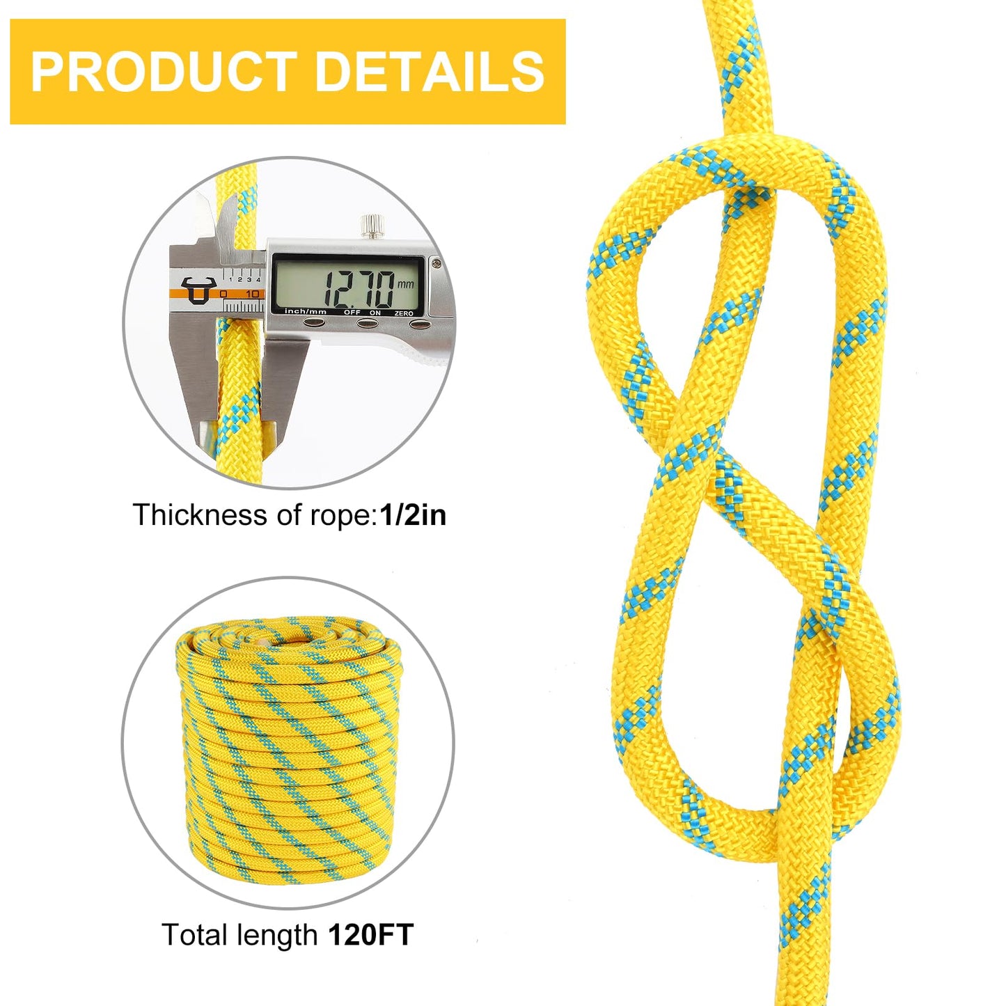 1/2in x 120ft Arborist Rope – 9000lb Breaking Strength Static Climbing Line, Polyester Bull Rope for Tree Care, Canopy Access & Rigging