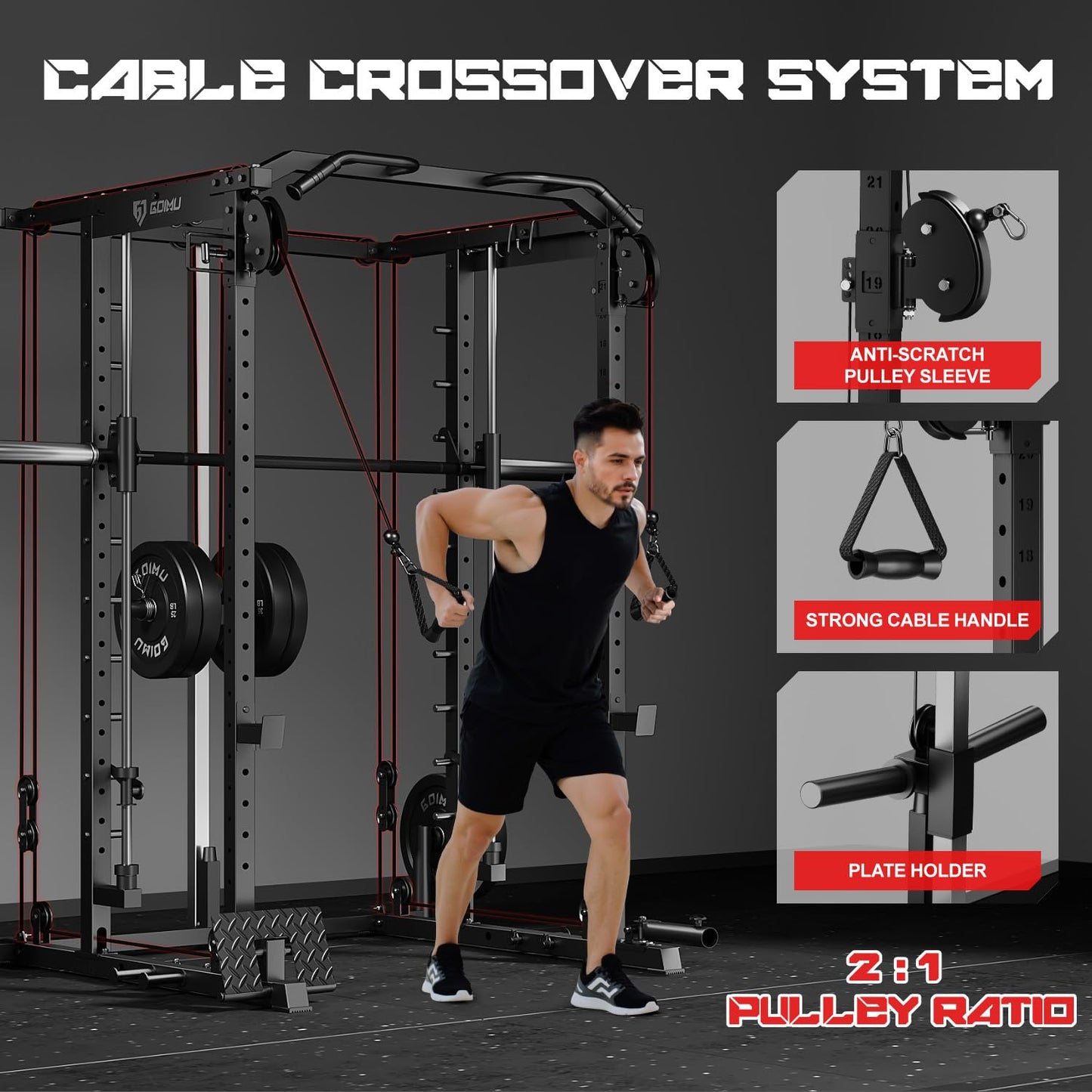 Goimu S1-V4 Smith Machine, 2000LBS Power Cage with Cable Crossover System, All-in-One Squat Rack with Smith Bar, Strength Training Equipment for Hone Gym (Black Smith Machine S1)