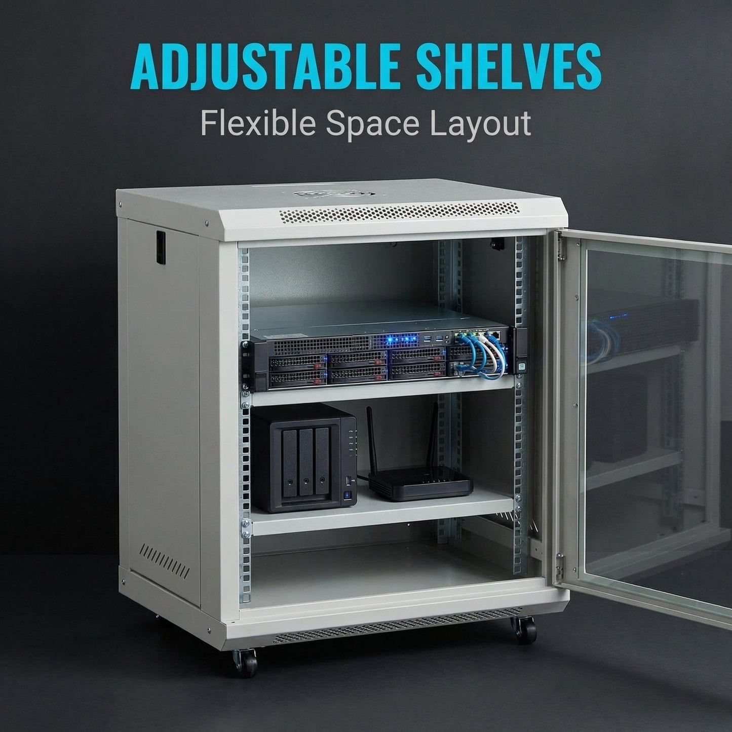 12U Wall-Mount & Rolling Network Cabinet for 19" Rack Equipment – Locking Tempered Glass Door, Ventilated Side Panels, Adjustable Rails, Fan Ready, Cable Management, Heavy-Duty Steel