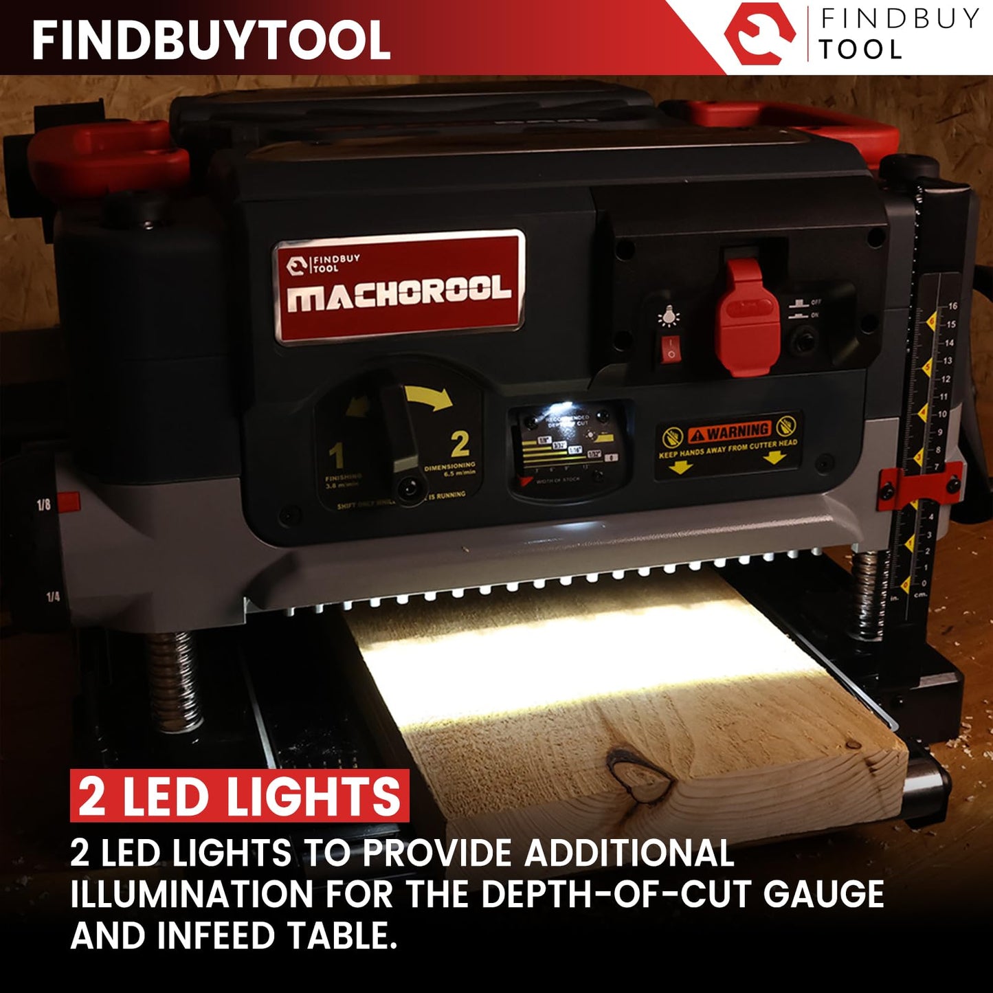 FINDBUYTOOL 13-Inch Thickness Planer with Helical Cutterhead - 2.5HP Motor, 2-Speed (21/12 FPM), 40 Carbide Inserts, Precision Depth Adjustment, Dust Port, LED Light- Professional Woodworking Tool