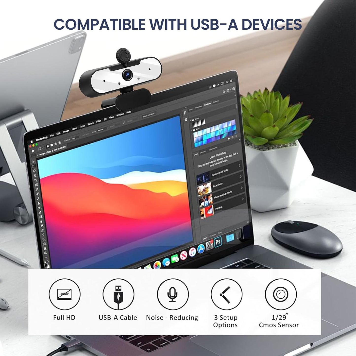 MTORED 1080P USB HD Video Webcam and Wide Angle Camera with Built-in Microphone and Rotatable Tripod,for Laptop