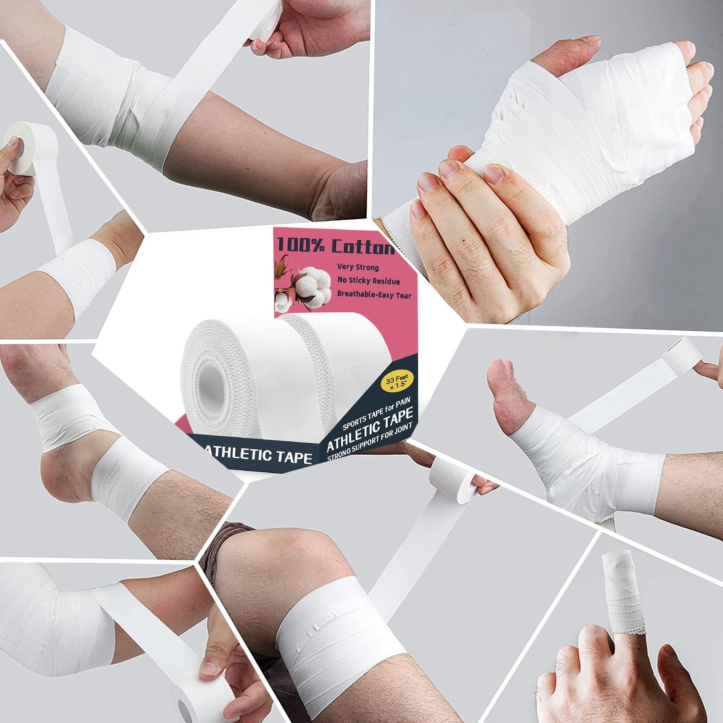 Athletic Tape 2 Pack White Sports Tape Athletic Strong-Breathable-Easy Tear-No Sticky Residue Wrist Ankle Tape for Lacrosse Boxing Gymnastics Climbing Soccer Hockey Bat Injuries Medical