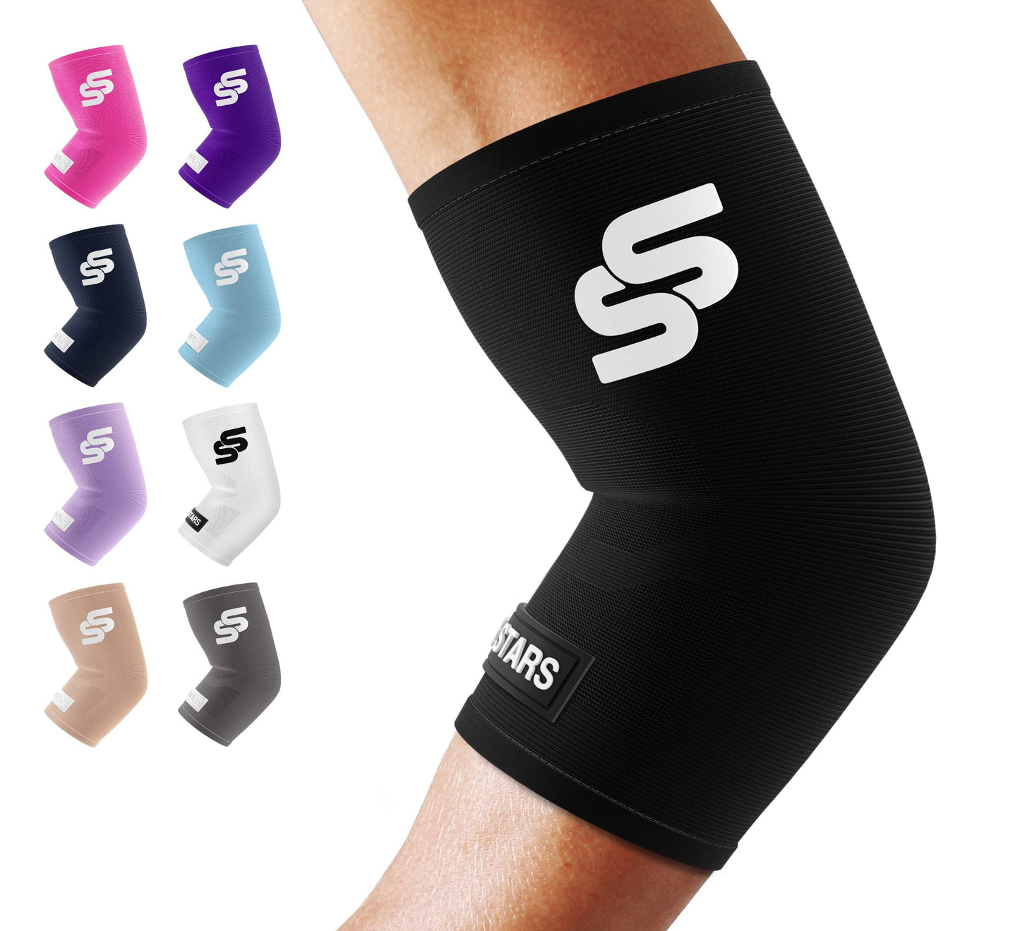 Sleeve Stars Elbow Sleeve for Pain Relief & Protection - Elbow Compression Sleeve for Women & Men - Supportive Elbow Brace for Tendonitis, Recovery & Ideal for Sports, Work (S: 7"-8.5"/Black)