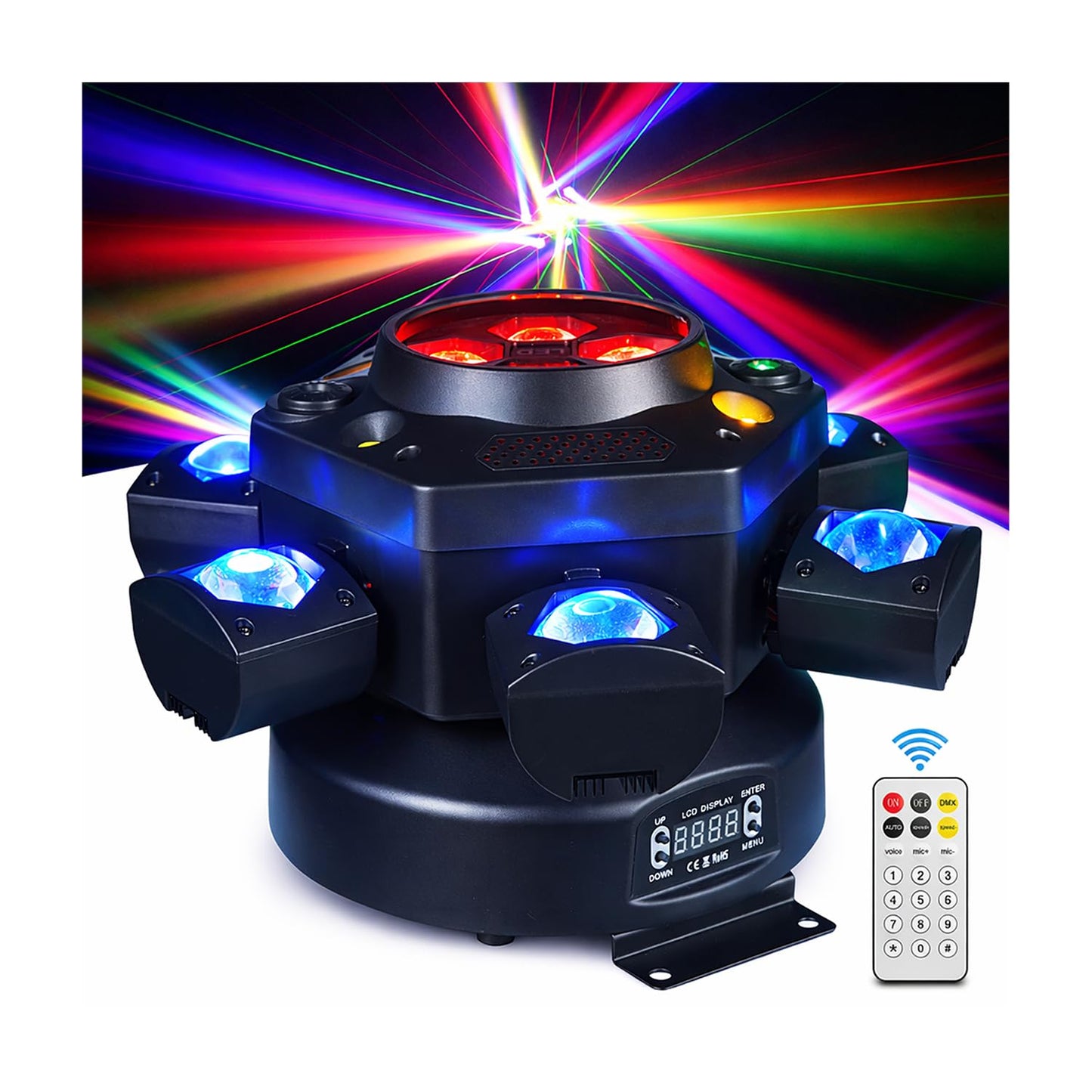 Flashback Events 150W Moving Head DJ Light – 6-Arm Spider Beam & Bee-Eye Wash Hybrid + Red/Green Laser & Amber Strobe – DMX512 & Remote Control for Wedding Stage Party Lighting