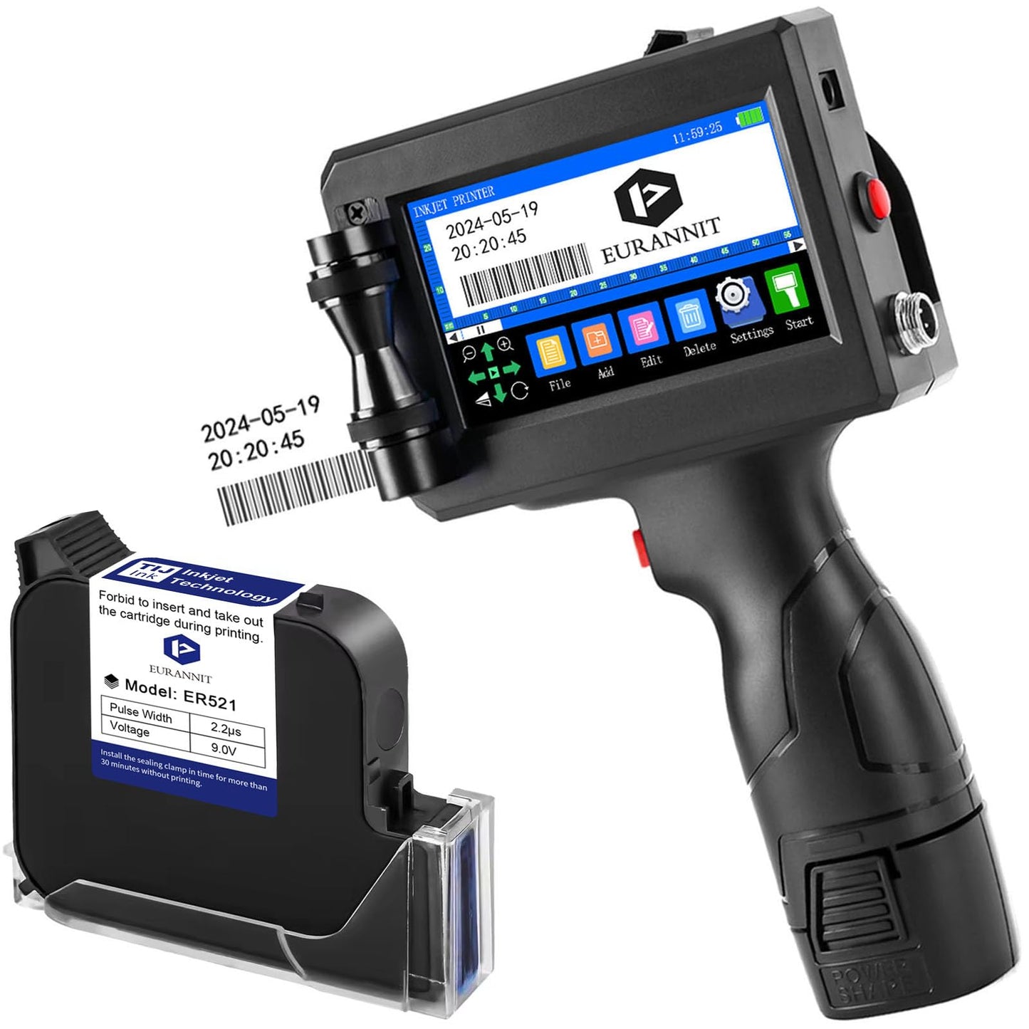 Eurannit Handheld Inkjet Printer 1 in, E15-1 Portable Handheld Printers with ER521 Black Ink Cartridge, Handheld Inkjet Printer Gun for Text QR Barcode Batch Number Logo Date Label Printer