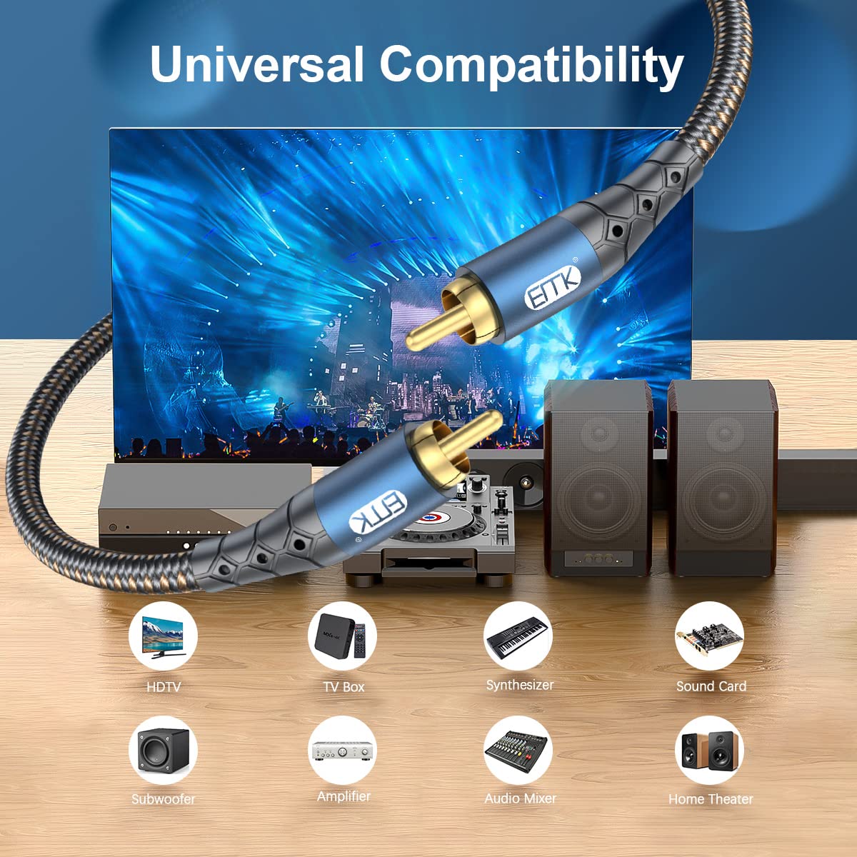 24K Systems,Subwoofer(25ft/8m) EMK Subwoofer Cable RCA to RCA Audio Cable Gold-Plated Nylon Braided Double Shielded