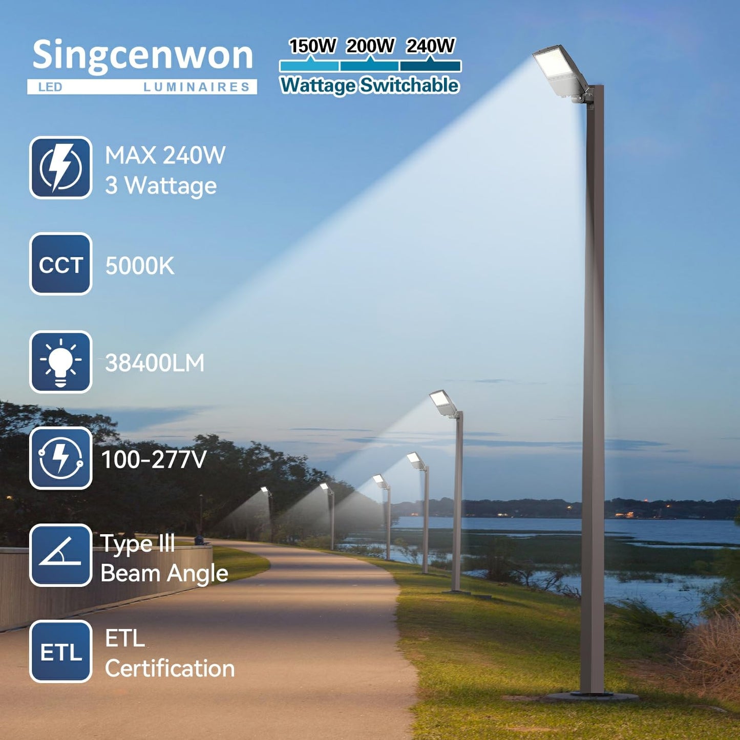 240W LED Parking Lot Light 3Pack: 150/200/240W Selectable, 38400LM 5000K Arm & Slip Fitter 2 in 1 Mount LED Pole Light, LED Shoebox Light Commercial LED Flood Light for Driveway Stadium Roadways, ETL