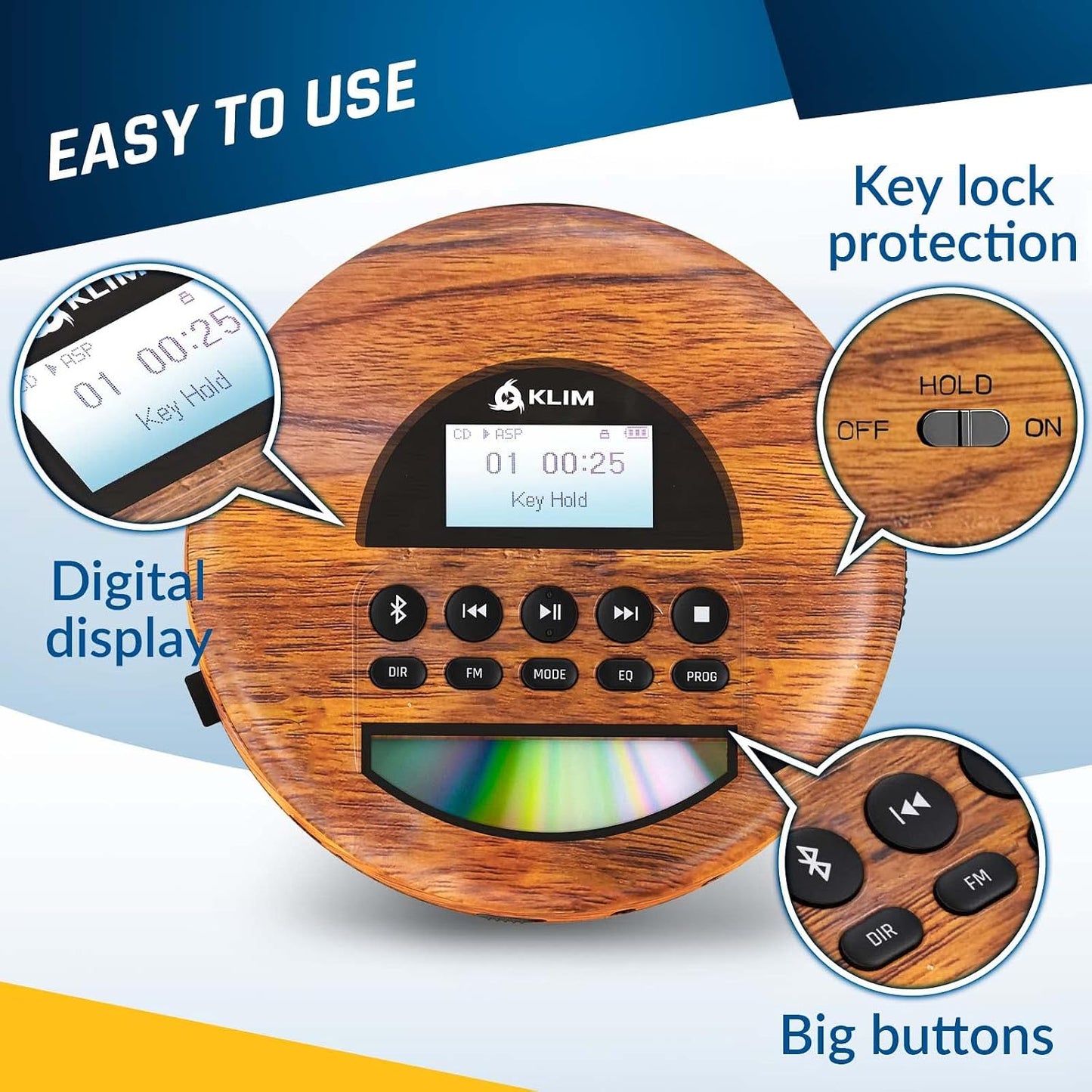 KLIM MP3 Nomad Wood - New - Portable CD Player Walkman - Long-Lasting Battery - Includes Headphones - Radio FM