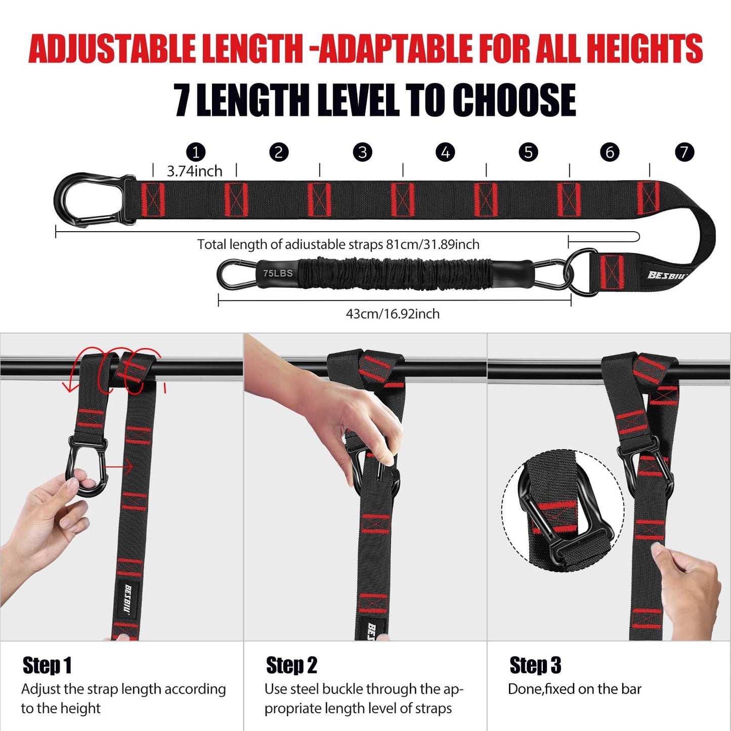 Pull Up Assistance Bands 260lbs, Heavy Pull Up Bands Resistance Bands for Pull Ups Working Out with Feet Rest, Pull Up Bar Bands Assistance Bands Strength Training Workout Equipment, Height Adjustable