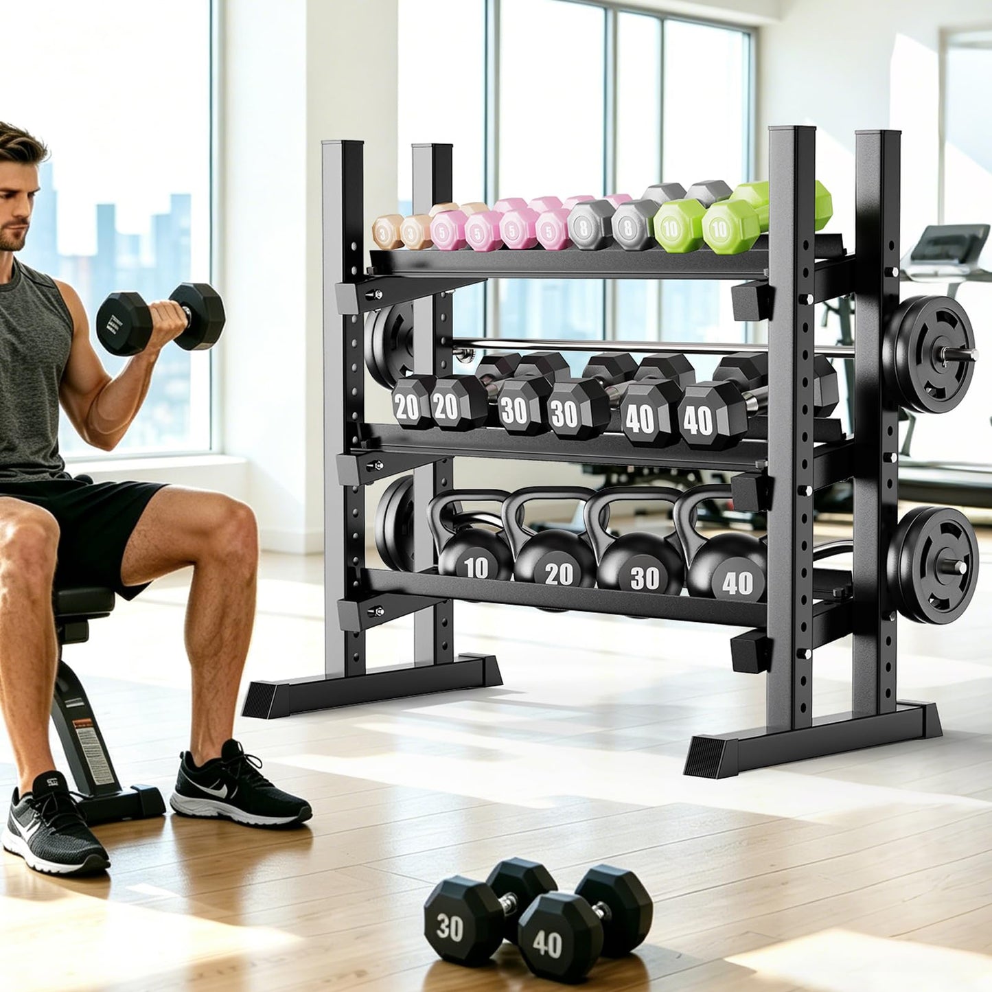 3-Tier Dumbbell Rack, 1300LB Capacity Adjustable Weight Rack for Home Gym, Heavy-Duty Weight Storage Rack for Dumbbells Kettlebells & Barbells (Rack Only)