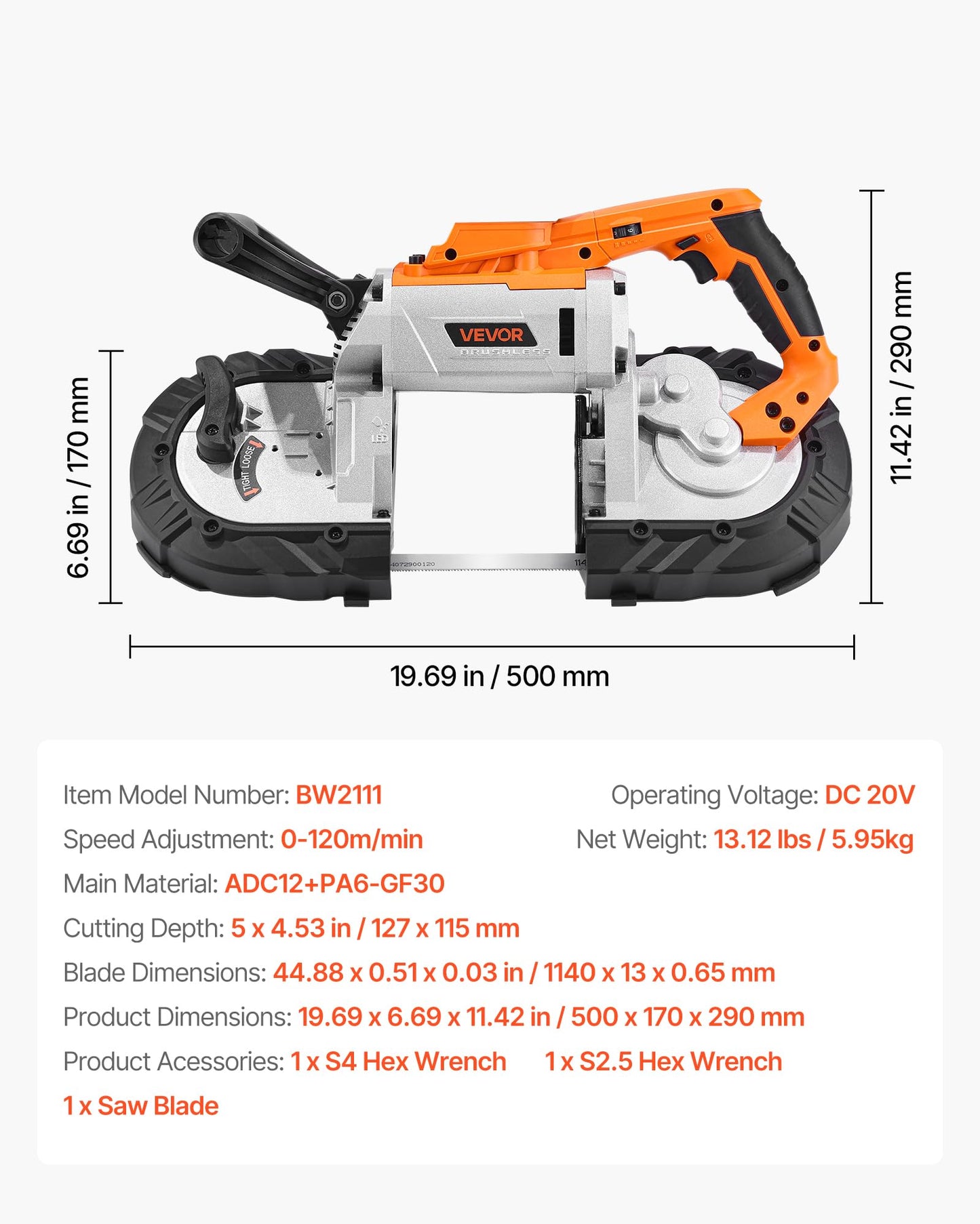 VEVOR 20V Portable Band Saw, 5 in Deep Cut, 360W Cordless Compact Bandsaw with Brushless Motor, Adjustable Speed, for Cutting Metal, Wood, Compatible with Makita Batteries (Bare Tool Only)