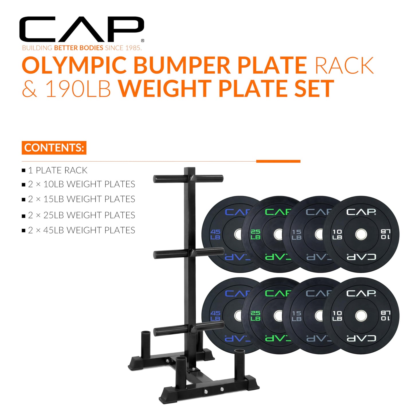 CAP 190 lb Economy Olympic Bumper Plate Set with Storage Rack, 2-Inch Olympic Plates, Medium Bounce Rubber Weight Plates with Steel Hub, 6 Weight Posts & 4 Barbell Holders for Weightlifting, Strength Training & Home Gym Workouts