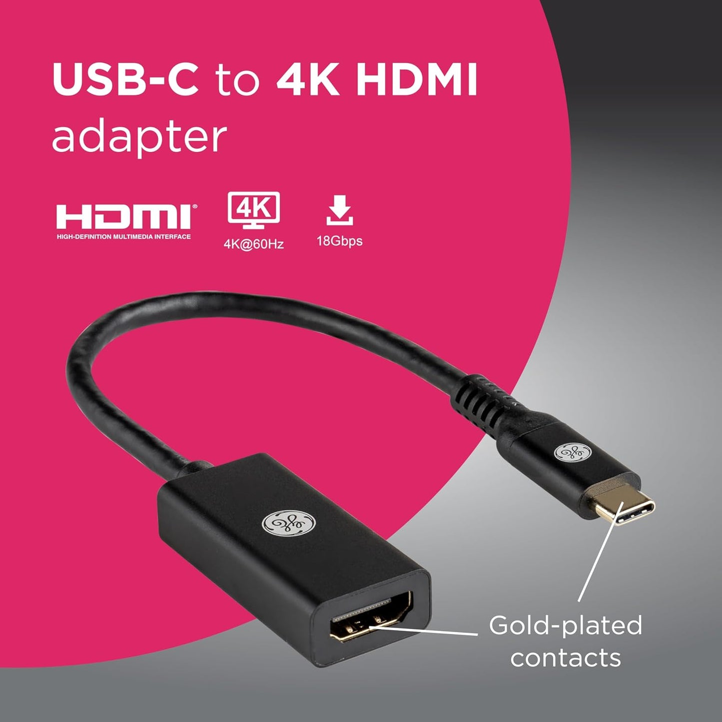 GE 4K 76050 USB-C to HDMI Multi-Monitor Adapter, Ultra HD Video & Audio, Travel-Ready, Plug & Play