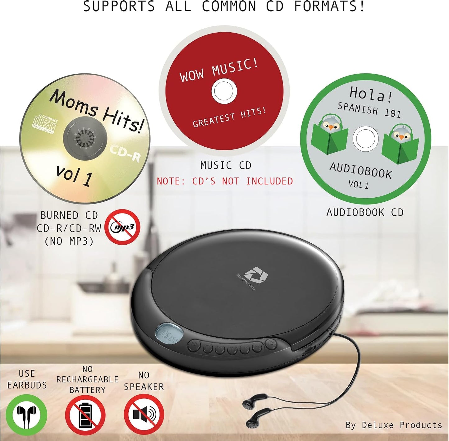 Deluxe Products 60 CD Player Portable with Second Anti Skip, Stereo Earbuds, Includes Aux in Cable and AC USB Power