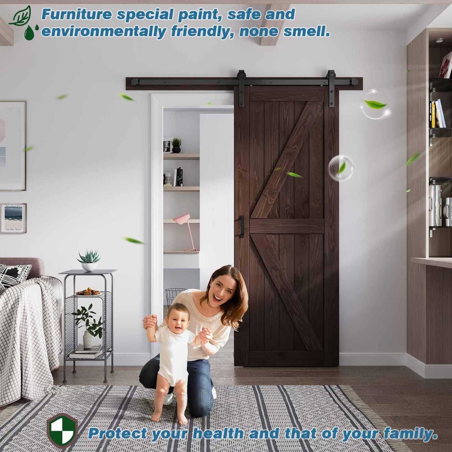 FREDBECK 32in x 80in Brown Wood Barn Door with 5.5ft Barn Door Hardware Track Kit Included, Double Surfaces,Simple Assembly is Required,K-Frame,Coffee
