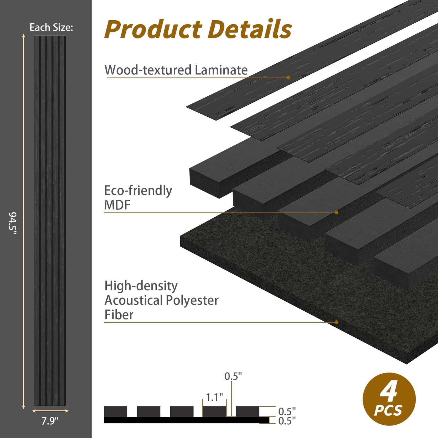 IMXPW 4-Piece Acoustic Wood Wall Panels, 3D Fluted Soundproof Wood Slat Wall Panels for Interior Wall Decor, 94.5" x 7.9"-Black