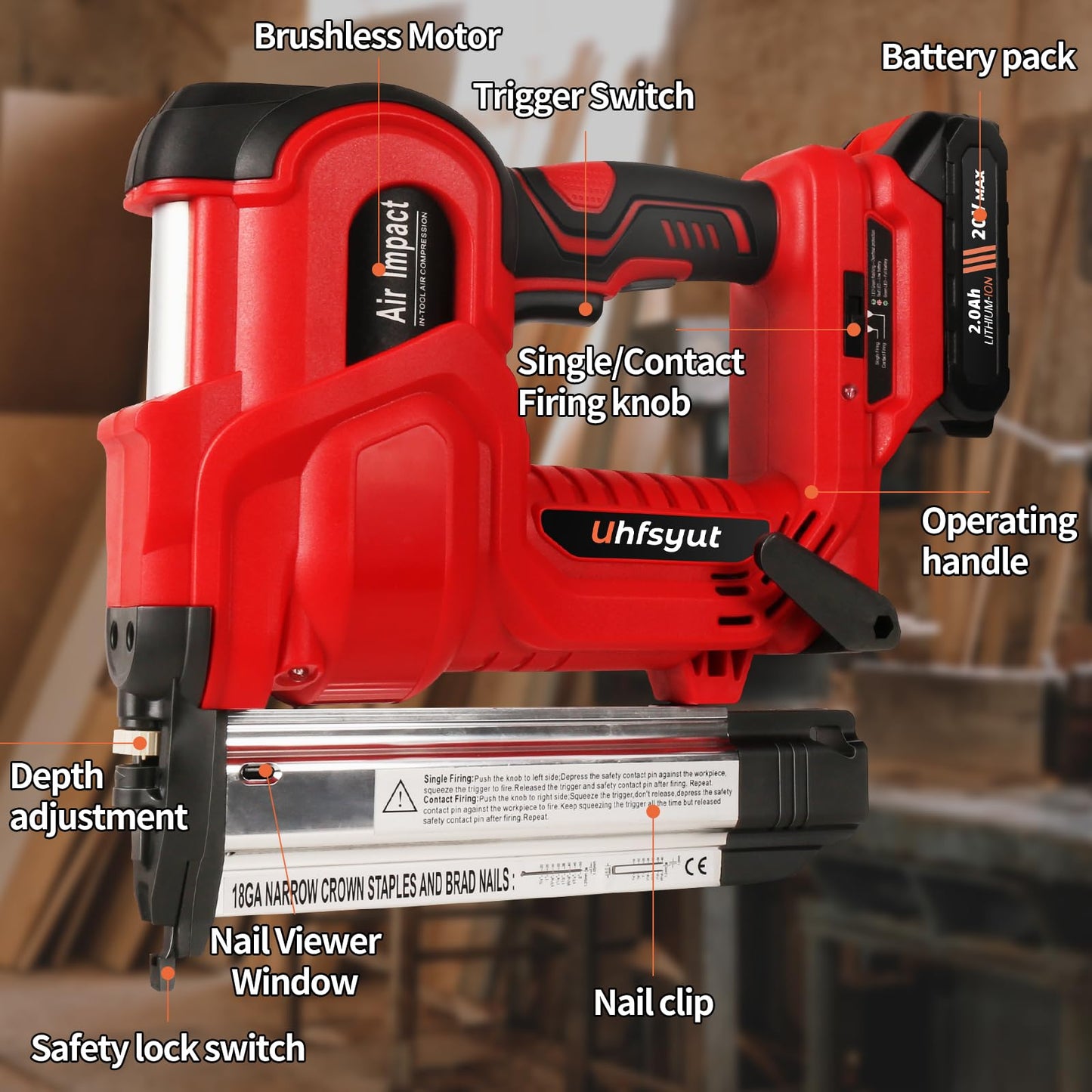 Uhfsyut 20V Cordless Brad Nailer Stapler - 2-in-1 Heavy Duty Battery Nail Gun with 2000 Nails & Adjustable Depth Control for Professional Woodworking & Home Renovation (One Battery Set)