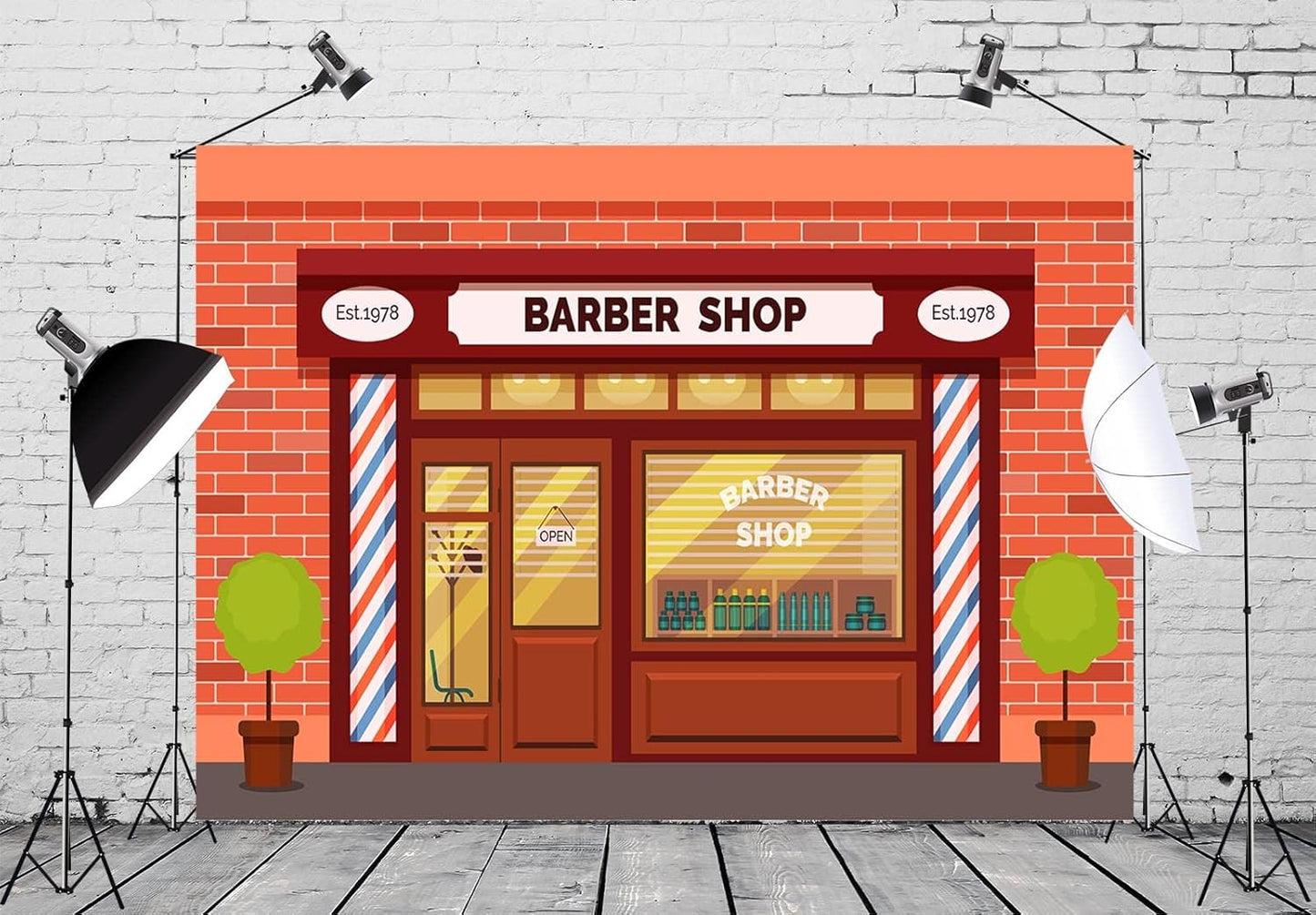 BELECO 5x3ft Fabric Cartoon Barber Shop Backdrop for Photography Red Brick Wall Hair Salon Hairstylist Haircut