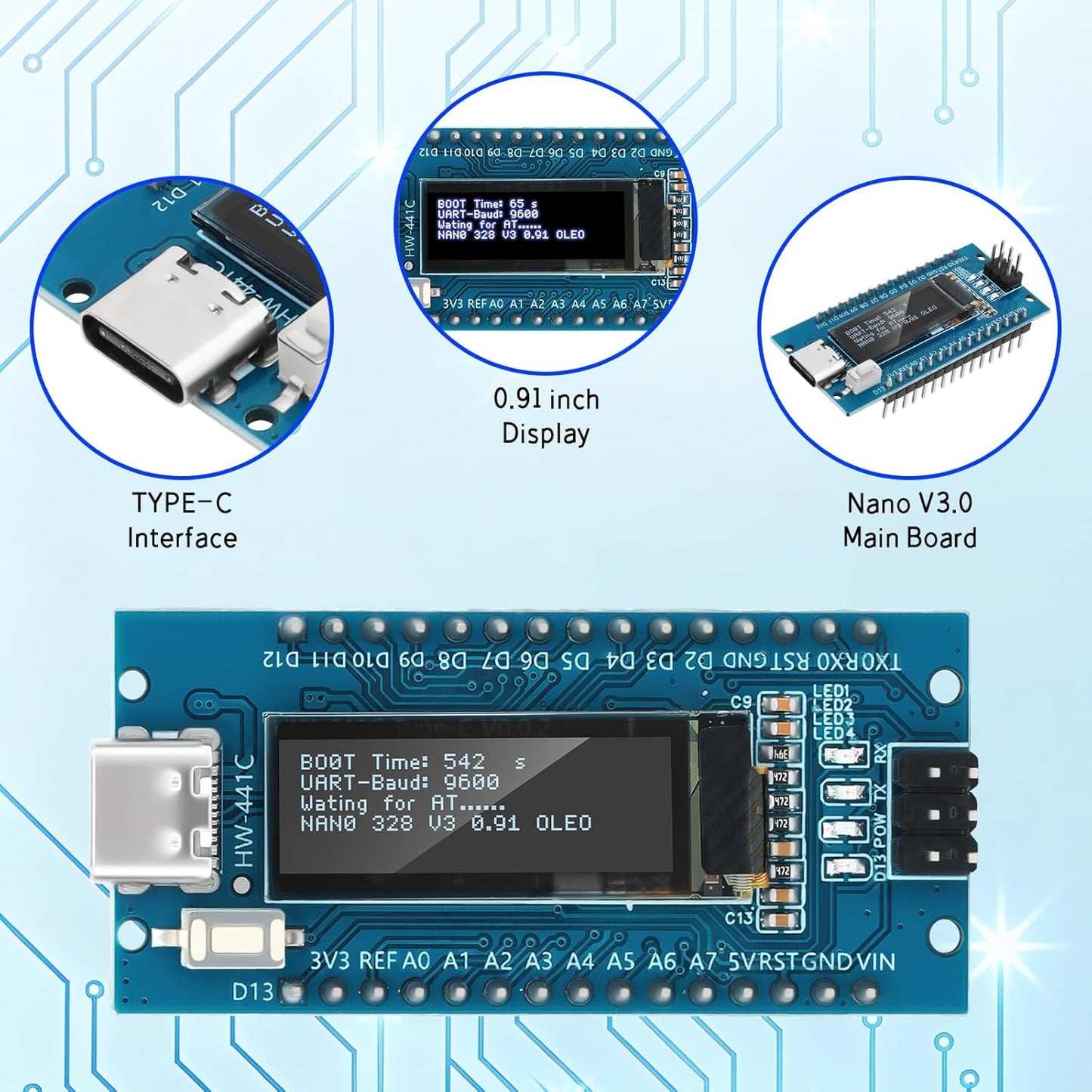 Meshnology 1Pcs V3.0 ATmega328P 0.91 inch 128 32 CH340C Nano Board with * Pixel OLED Display Chip Microcontroller
