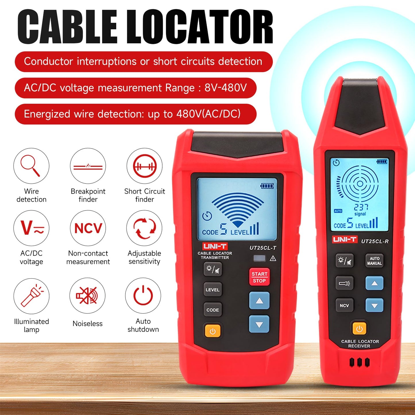 UNI-T Underground Cable Locator,UT25CLCircuit Breaker Finder,80 to1000V(NCV)line detector,8 Ft Max Detect Depth Cable Tester,For Cables Irrigation,House cable,underground pipeline short Circuit Finder