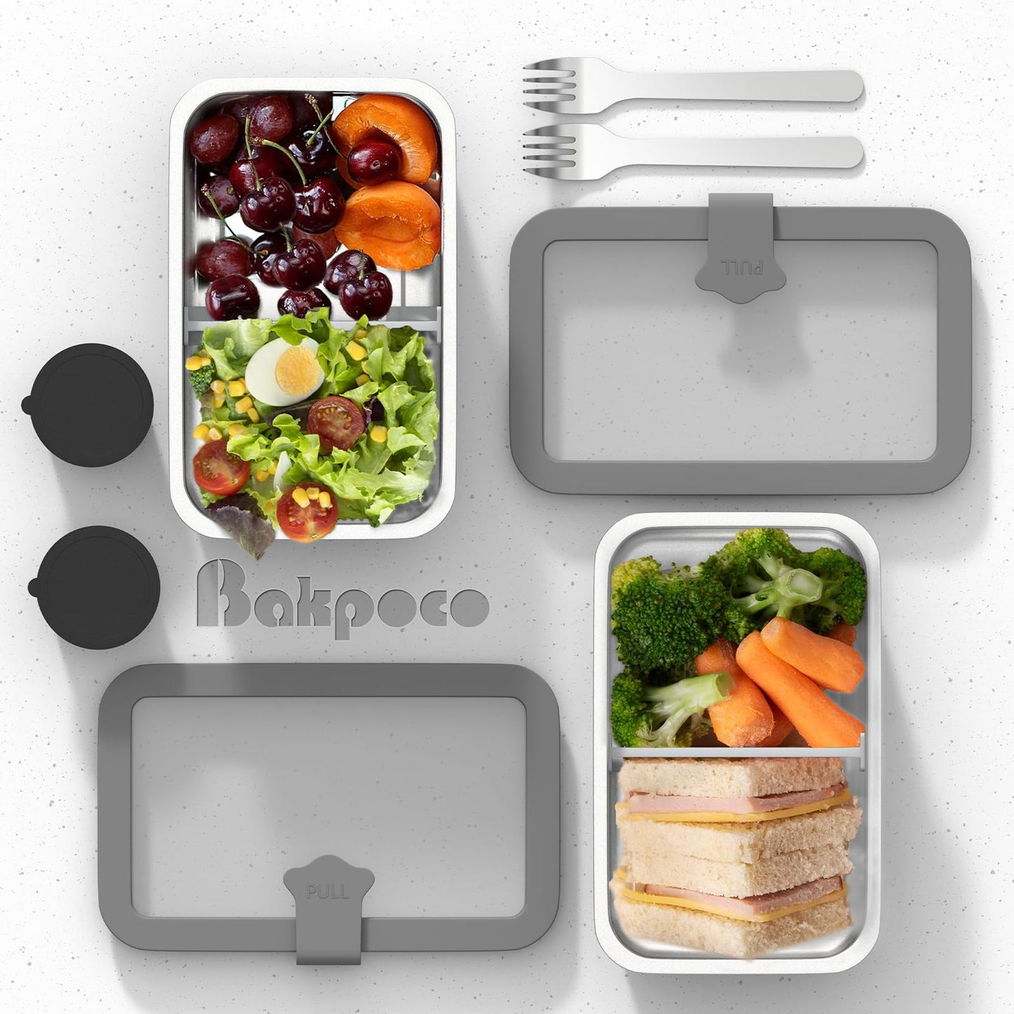Bakpoco Stainless Steel Bento Box for Adult, 42oz Leak-Proof Metal Lunch Box Containers with Adjustable Divider, Microwave-Safe, Lunchbox with Glass Lid for Work Travel, Silver
