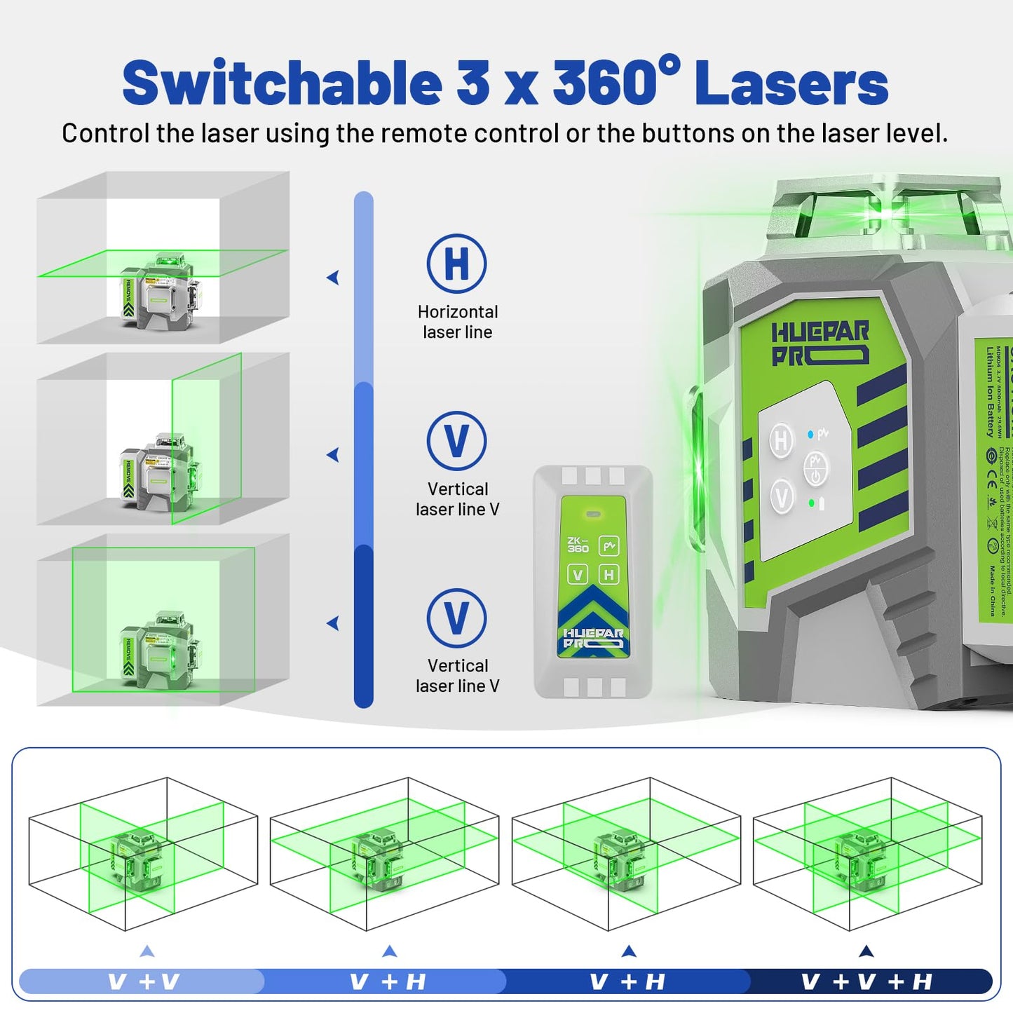 Huepar Pro Laser Level 360 Self Leveling with 50inch Tripod, 3 x 360° High Brightness Green Laser Leveler Tool for Construction, Tile and Picture Hanging, Rechargeable Battery & Magnetic Bracket