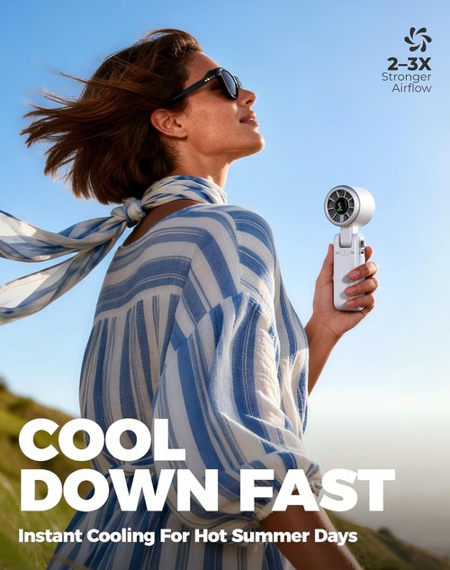 Diveblues Portable Handheld Turbo Fan - 5 Speed Battery Operated Cooling Fan | Up to 12 Hours of Use - Silver White