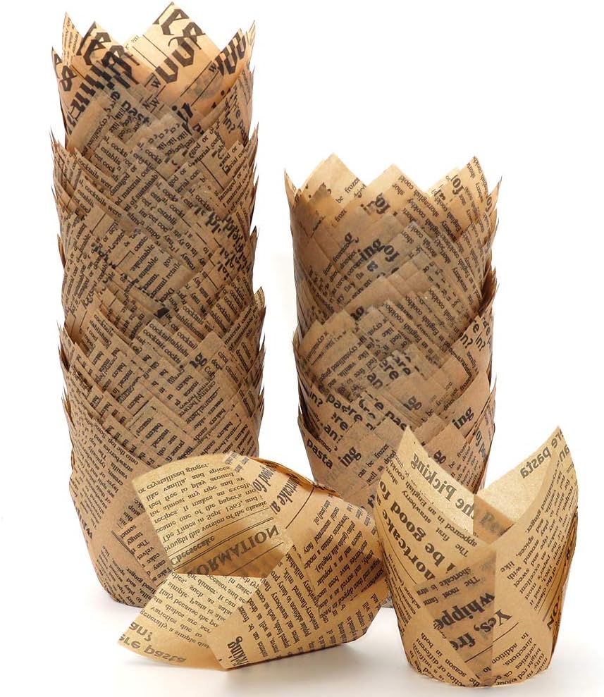 Skiennix Tulip Cupcake Liners - 150 Grease-Proof Baking Cups for Weddings & Parties | Standard Size, Natural Newspaper Print