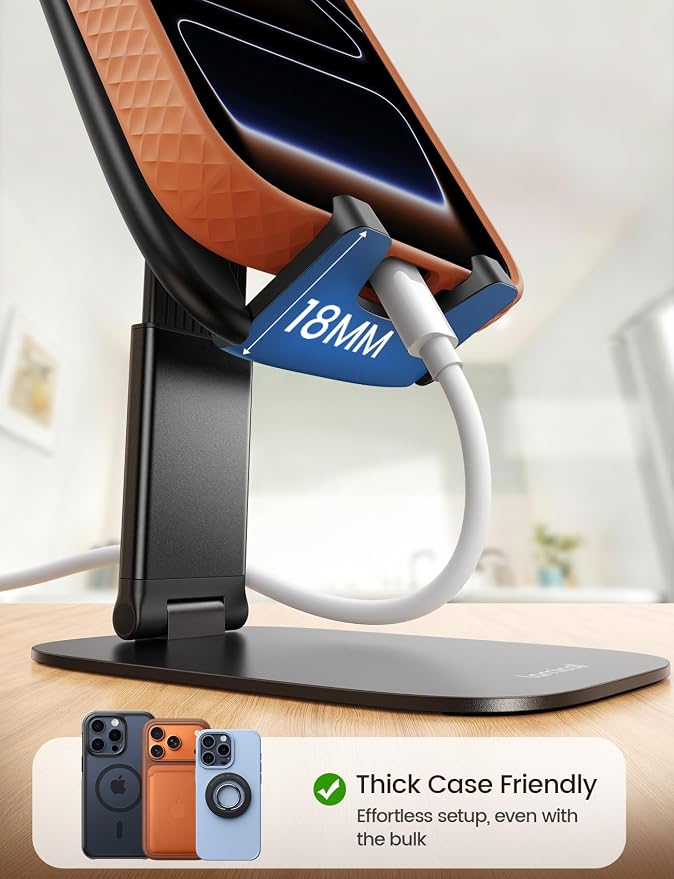 Lamicall Ultra-Thin Phone Stand for Desk, Foldable Cell Phone Holder Height Adjustable, Sturdy Weighted Base, Thick Case Friendly for Gaming Office, Fit iPhone 17 16 15 Pro Max, Galaxy S26, Switch