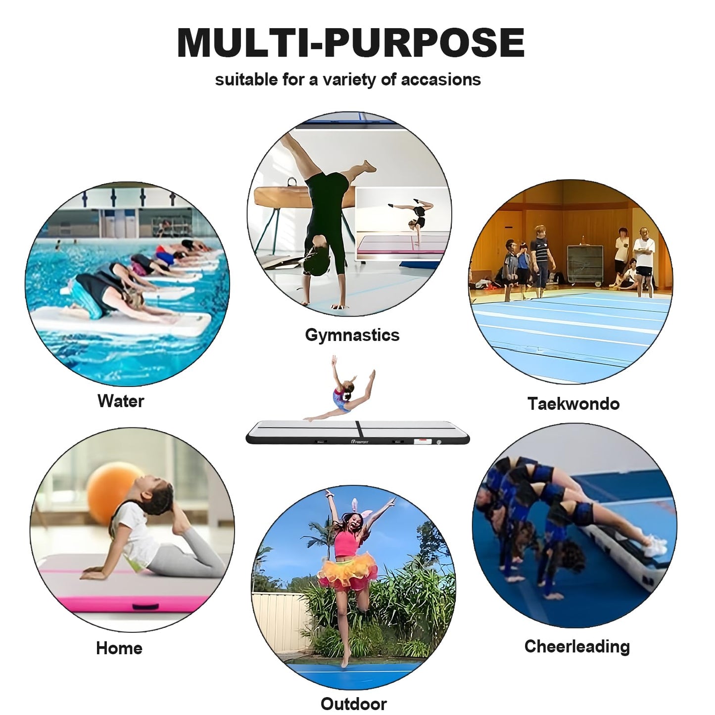 FBSPORT 10ft Inflatable Air Gymnastics Mat Training Mats 4 inches Thickness Gymnastics Tracks for Home Use/Training/Cheerleading/Yoga/Water with Pump
