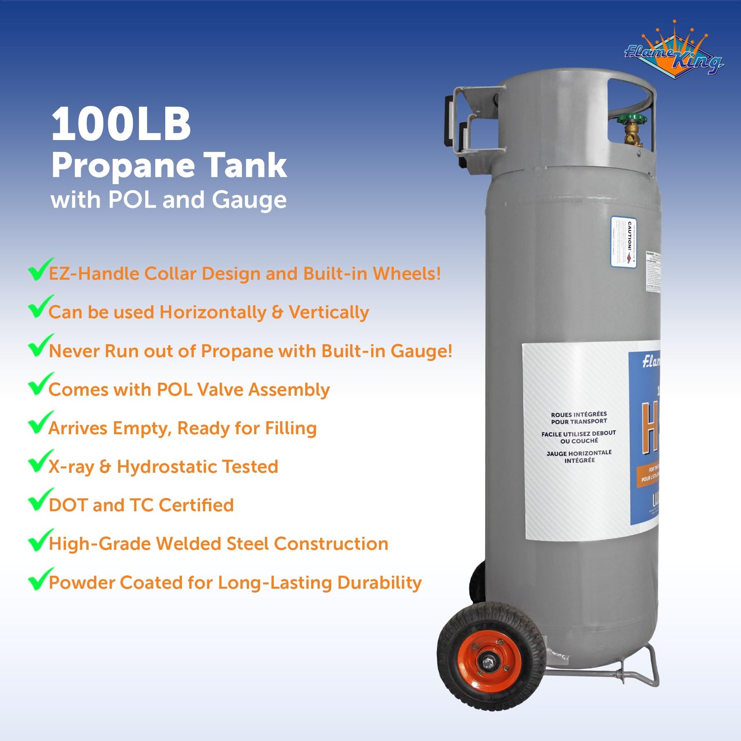 Flame King 100LB Empty Propane Tank with Wheels, Horizontal & Vertical LP Cylinder with Built-in Gauge for Fire Tables, Fire Pits, Patio Heaters, Barbeques, Lunch Trucks, Weed Torches & Truck Campers