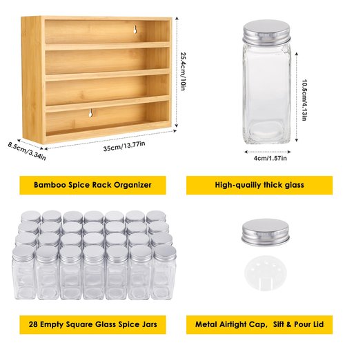 Bamboo Spice Rack Organizer With 28 Spice Jars, 780 Labels, 4 Tier Wood Hanging Shelf, Chalk Marker and Funnel Set for Drawer Cabinet Kitchen Countertop Wall Mount, Empty 4 oz Glass Jar & Shaker Lids