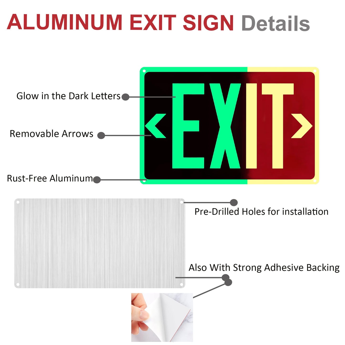 2Pack Photoluminescent Exit Sign Aluminum - 14x10 Inches Glow In Dark Exit Sign with Adhesive Backing - Removable Arrows Included - Non Electrical Red Exit Light For 50 Feet Visibility