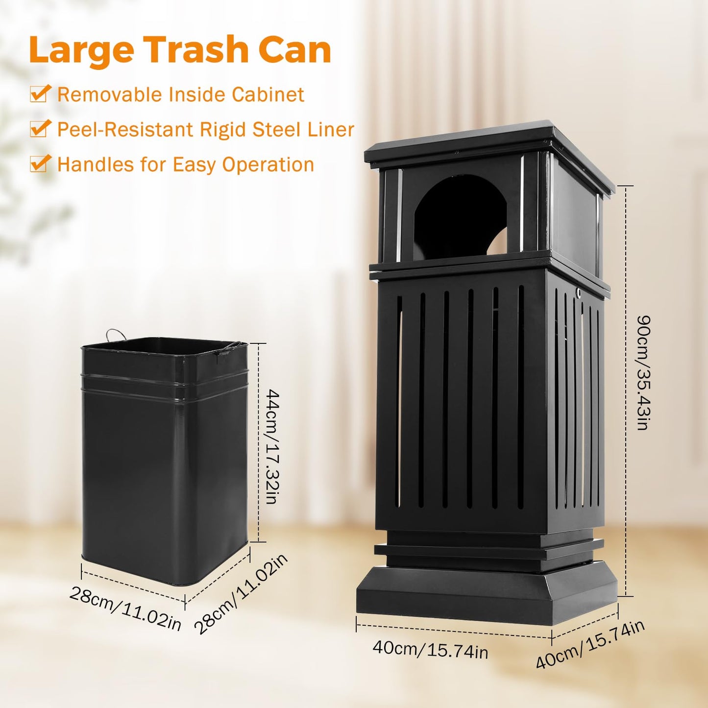BEAMNOVA 37.4 * 17.7 * 17.7 in + 35.5 * 15.8 * 15.8 in Black Trash Can Outdoor Top Tray Stainless Steel Commercial Garbage Enclosure with Locking Lid