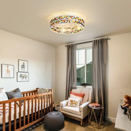 MOOONICHE 19" Boho Fandelier Ceiling Fan with Light and Remote Control Wood Beaded Flush Mount Chandelier Fan 6 Speeds Low Profile Bladeless Ceiling Fan for Bedroom Living Room Nursery