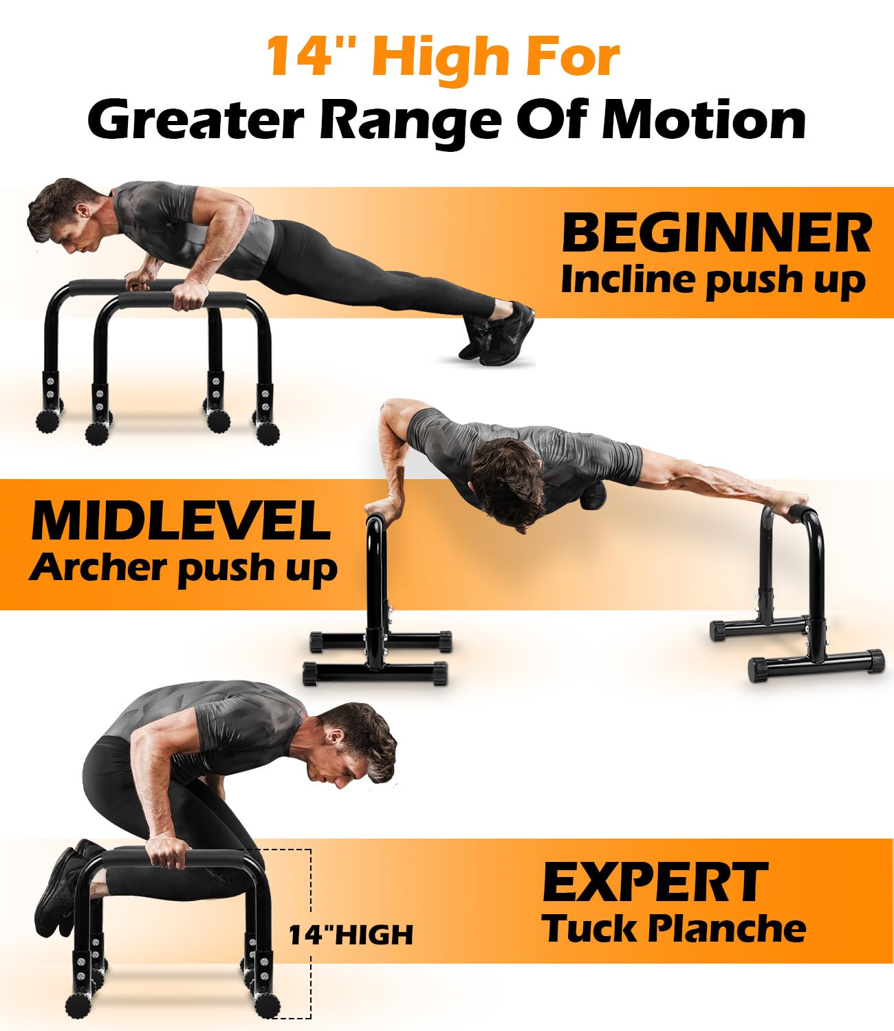 TABEKE Push Up Bar, 14'' High Steel Parallettes & Dip Bar with Full Coverage Foam Handle, Heavy-Duty Calisthenics Parallel Bars for L-Sit, Dips, Home Gym Strength Training Workout