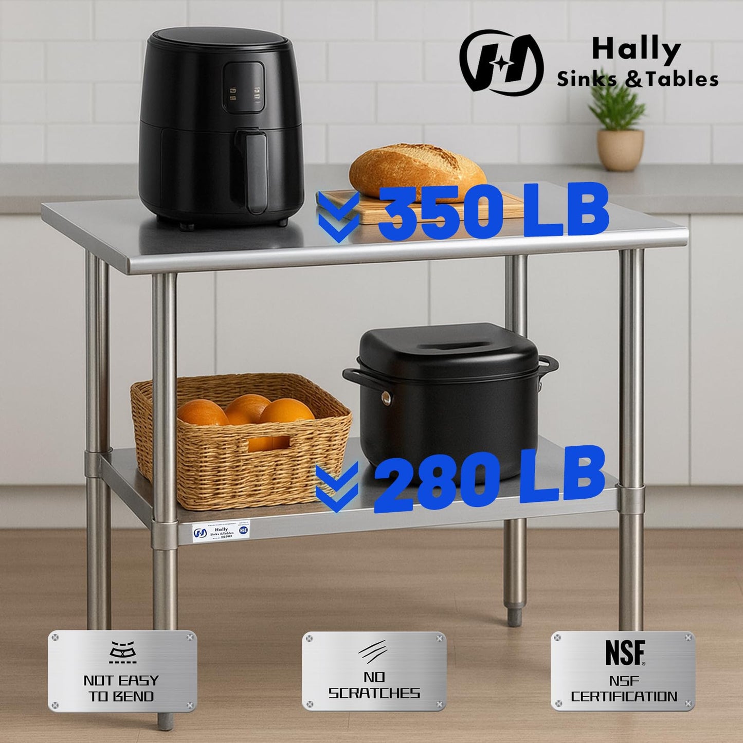 Hally Stainless Steel Table for Prep & Work 30 x 18 Inches, NSF Commercial Heavy Duty Table with Undershelf and Galvanized Legs for Restaurant, Home and Hotel