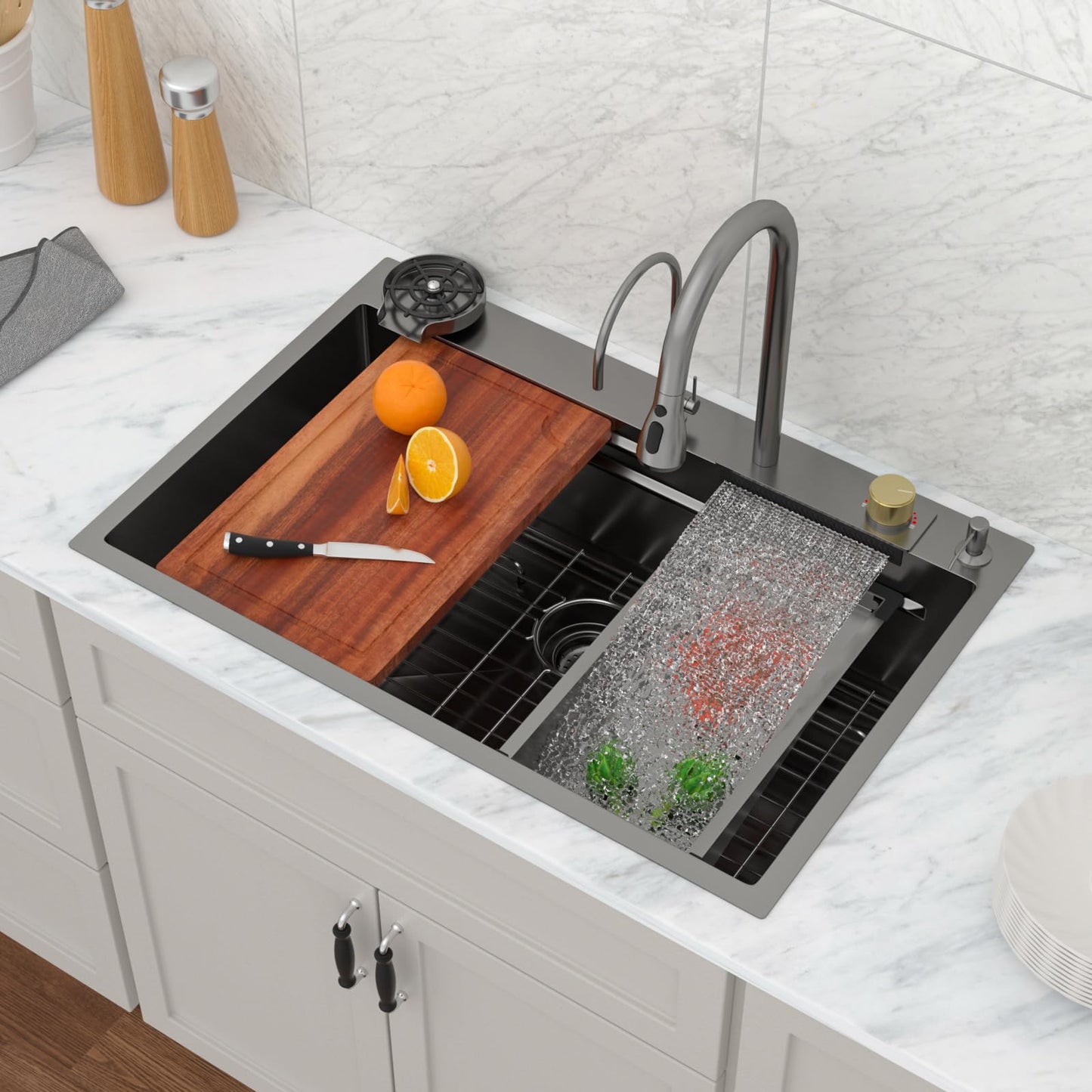 Logmey 33x22 Waterfall Kitchen Sink,Gunmetal Black Nano PVD Drop in Workstation Single Bowl,16 Gauge Anti-Scratch Anti-Rust Stainless Steel Sink with Faucet for Kitchen Remodel Food Prep & Dishwashing