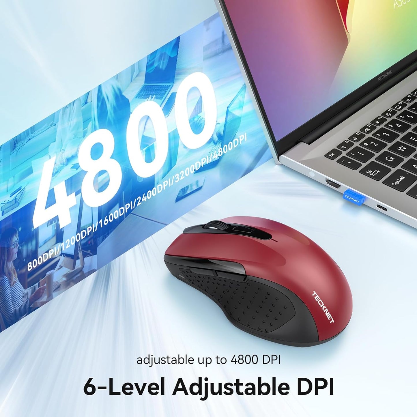 TECKNET (BT5.0/3.0 2.4G) 4800 6 Rechargeable Jiggler Wireless Mouse & DPI Silent USB A & Bluetooth Mouse Buttons, Wide