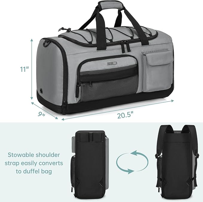 Gym Bag for Women & Men, Sports Travel Duffle Bag with Shoe Compartment, Anti-Theft Carry On Weekender Bag, Water Resistant Overnight Backpack for Airplane, Gym, Travel (Grey)