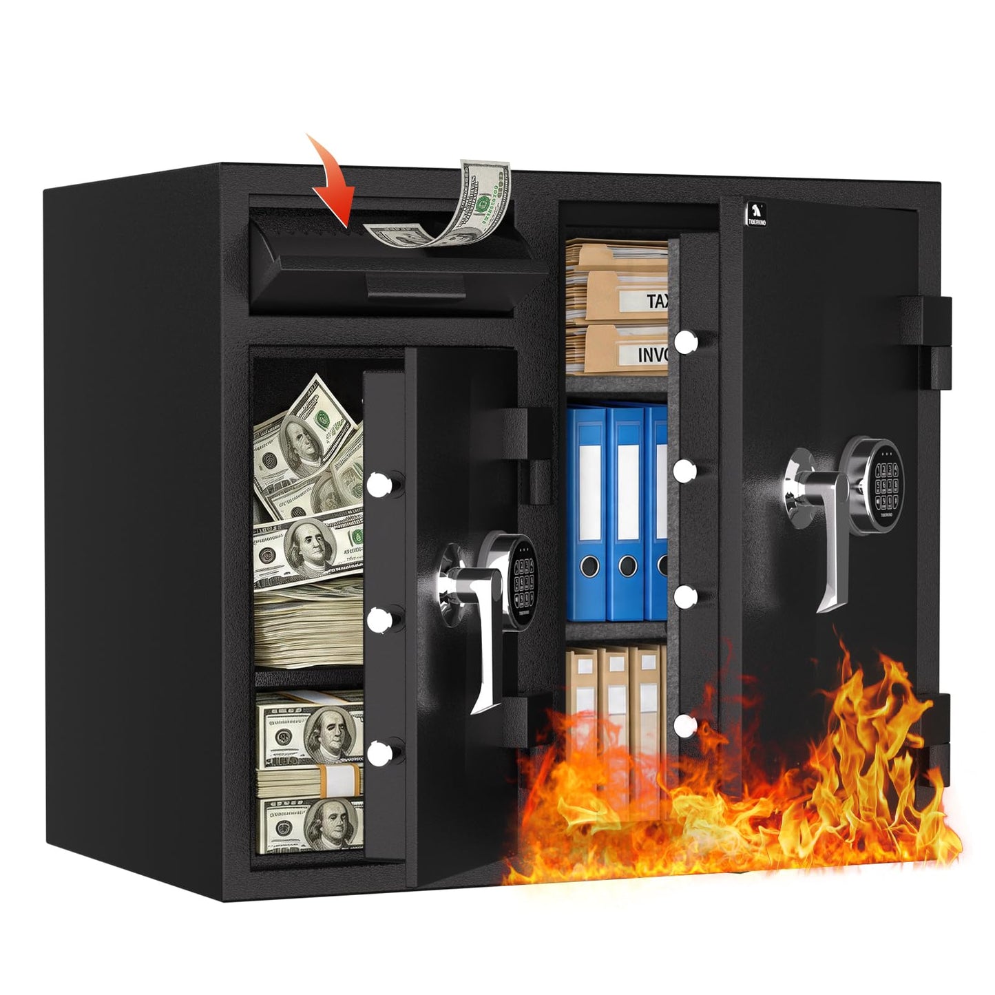 TIGERKING Extra Large Dual Door Depository Safe with Drop Slot, Right-Side 45-Min Fireproof Storage, Solid Steel Dual Keypad Access Cash Safe, 10.08 Cu Ft 308.6 lbs for Business and Retail