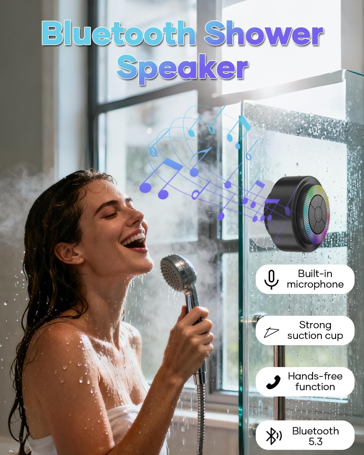 ssouwao IP67 Bluetooth Shower Speaker, Waterproof Portable Speakers with Suction Cup, Lights Show, Built-in Mic, Mini