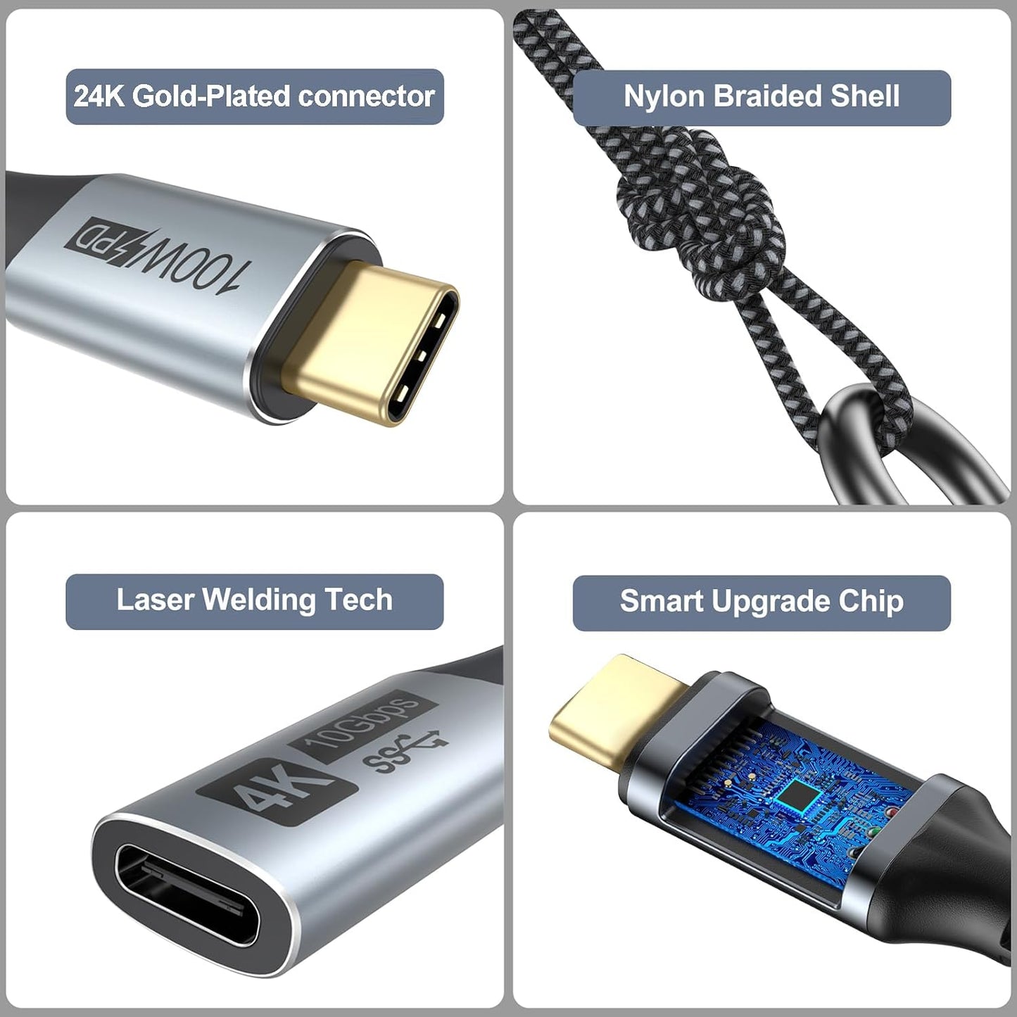 1FT Pack 5, 10Gbps 100W Small USB C Extension Cable of Short USBC Extender Cord, USBC Male to Female PD Charging