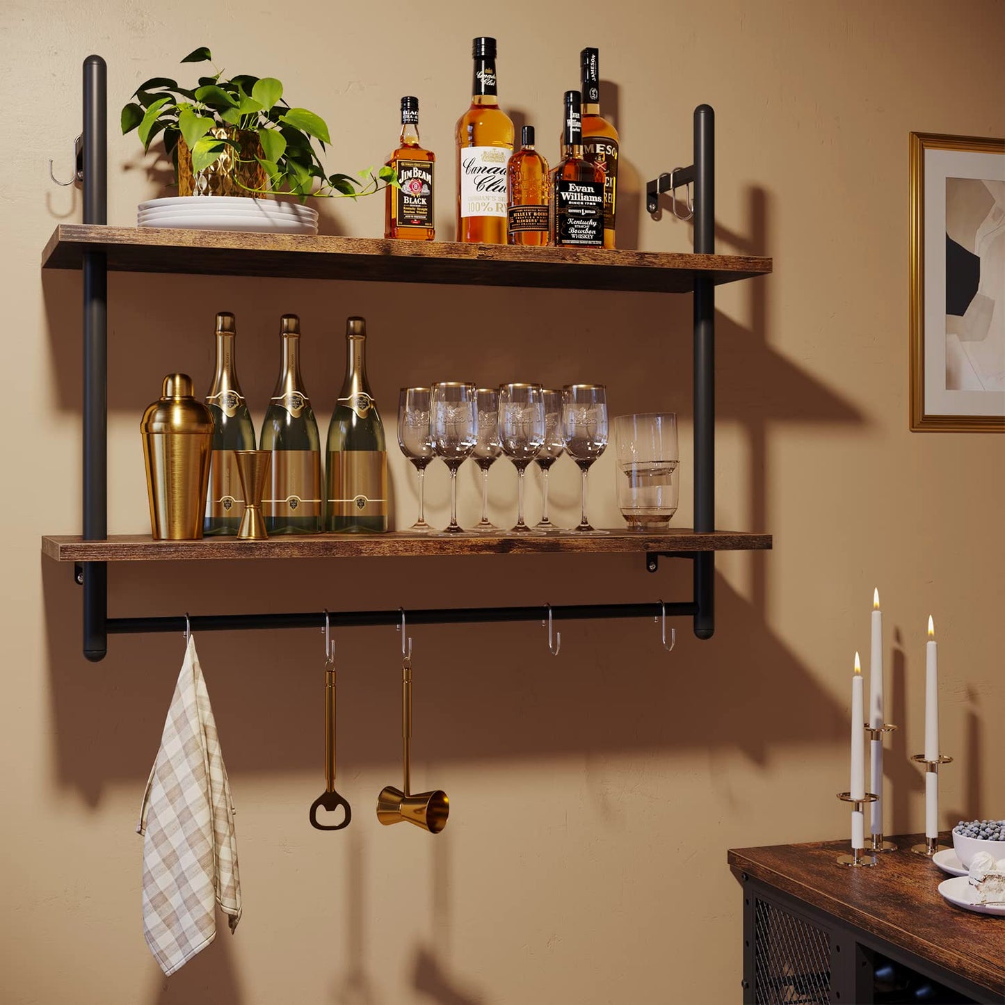 Bestier Floating Pipe Shelving Kitchen Shelves, 31" Wall Mounted Shelf 2 Tier & 3 Tier Bundle, Rustic Brown